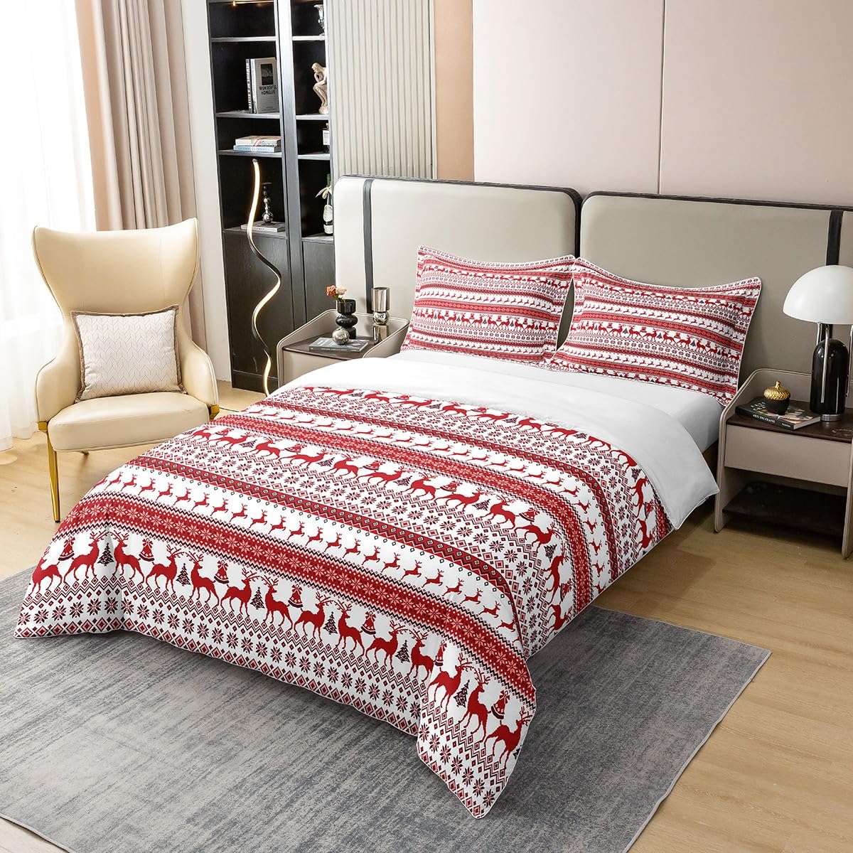 Hirsch Bettbezug 200x200 Cm – 100% Baumwolle, Rotes Elch-Schneeflocken-Design, Wald-Tier-Silhouette, Inkl. 2 Kissenbezüge, Für Kinder & Erwachsene