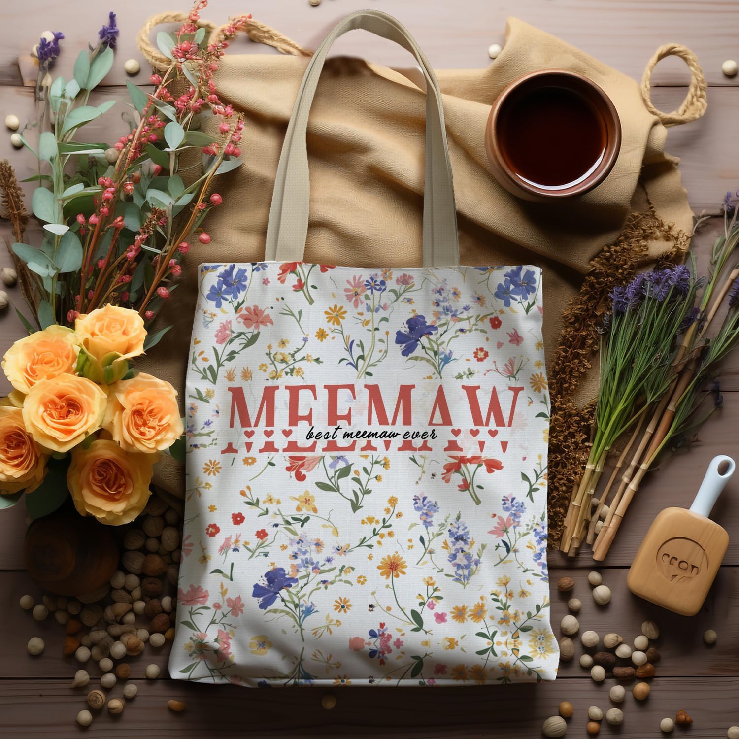 Meemaw Gifts Floral Tote Bag, Mother's Day Birthday Gifts for Meemaw from Grandkids Grandsons Granddaughters Canvas Tote Bags for Women, Reusable Grocery Shopping Bag - Image 5