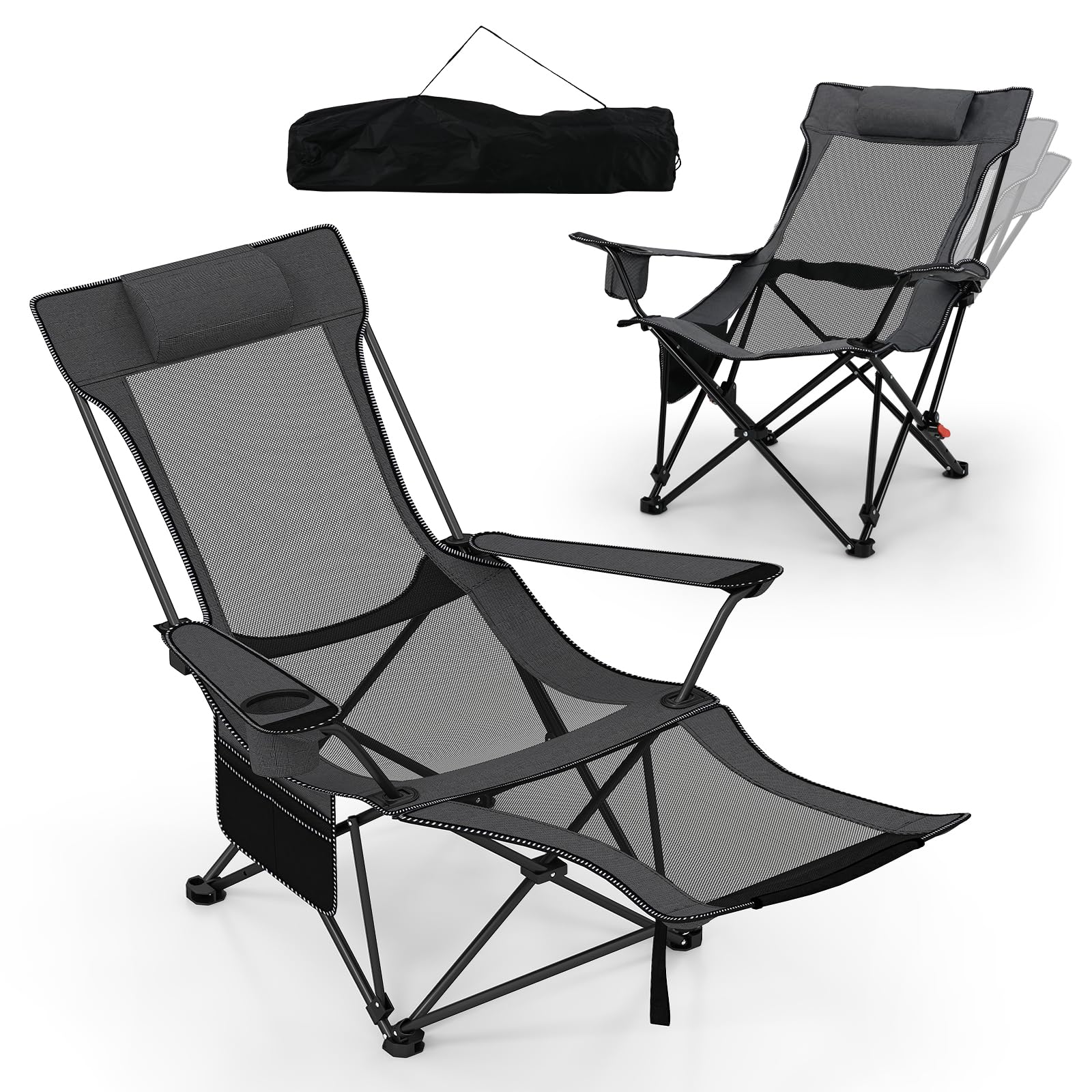 Goplus Camping Lounge Chair w/Detachable Footrest, Folding Beach Chair w/4-position Backrest, Carrying Bag, Removable Pillow, Cup Holder, Storage