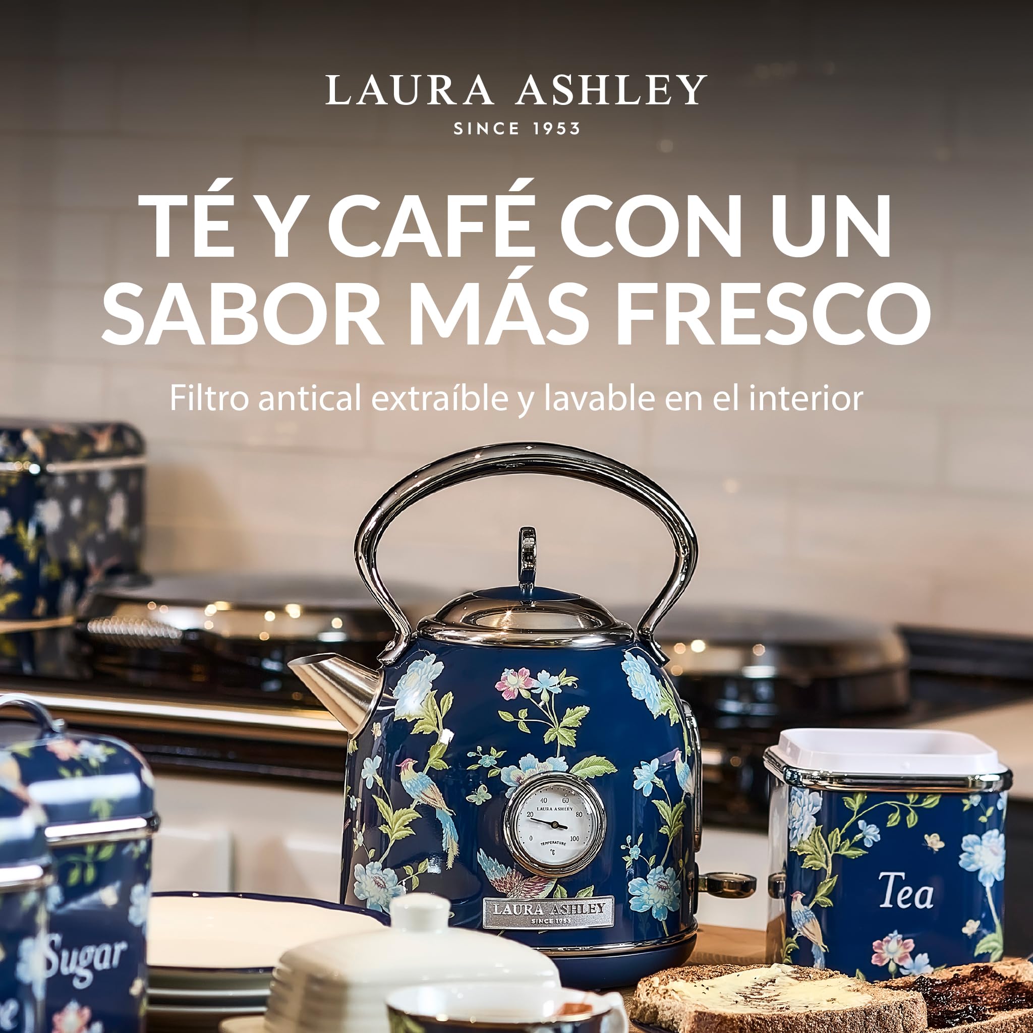 VQ Laura Ashley Elveden Navy 1,7 L Hervidor de Agua Eléctrico de Cúpula | Tetera Eléctrica de Gran Capacidad, 2,2 kW Ebullición Rápida, Protección contra Sobrecalentamiento e Indicador de Temperatura