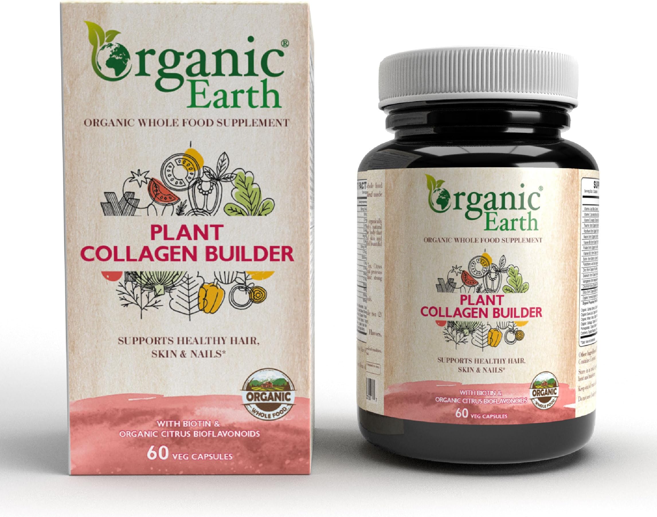 Organic Earth Plant Based Collagen Builder | Keratin and Elastin I Provides Youthful, Beautiful skin, Strengthens Nails and Hair I Vegan, Gluten Free, Clean Nutrition I 60 Capsules