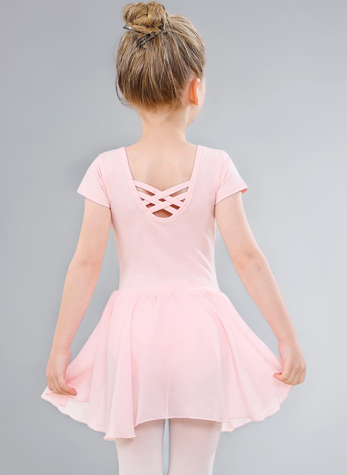 Girls Ballet Dress Short Sleeve Ballet Outfit Gymnastics Dance Leotard with Chiffon Skirt
