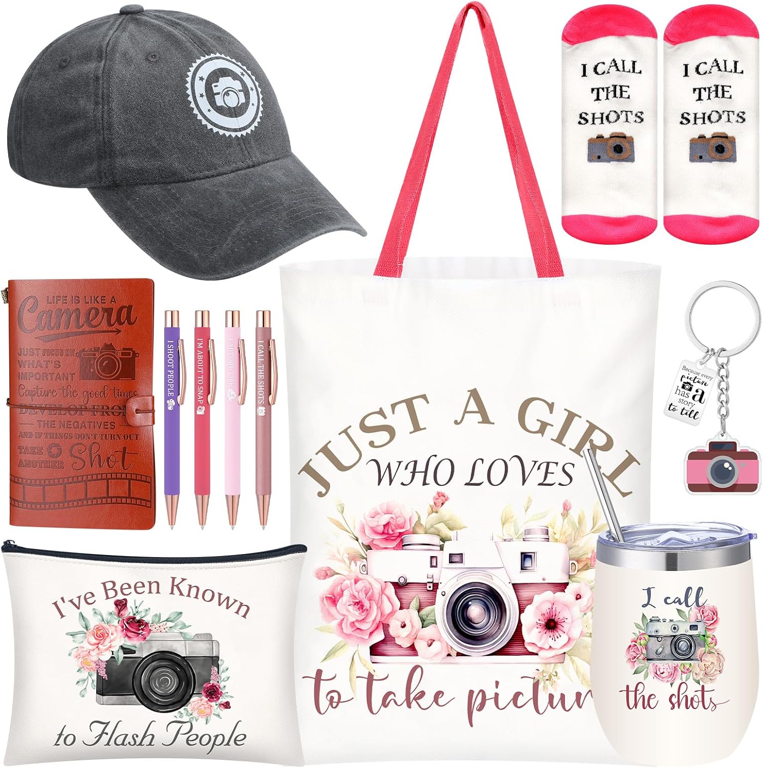 Geiserailie 11 Pcs Photographer Gifts for Camera Lovers Christmas Birthday Gifts Set for Women Photography Lovers Include Inspirational Canvas Bag Makeup Bag Hat Socks Keychain Cup Notebook Pen