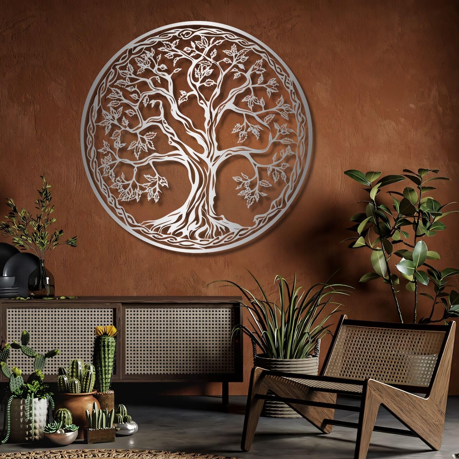 Decoración de pared de metal del árbol de la vida, silueta de sala de estar y dormitorio (47 x 47 cm, plateado)