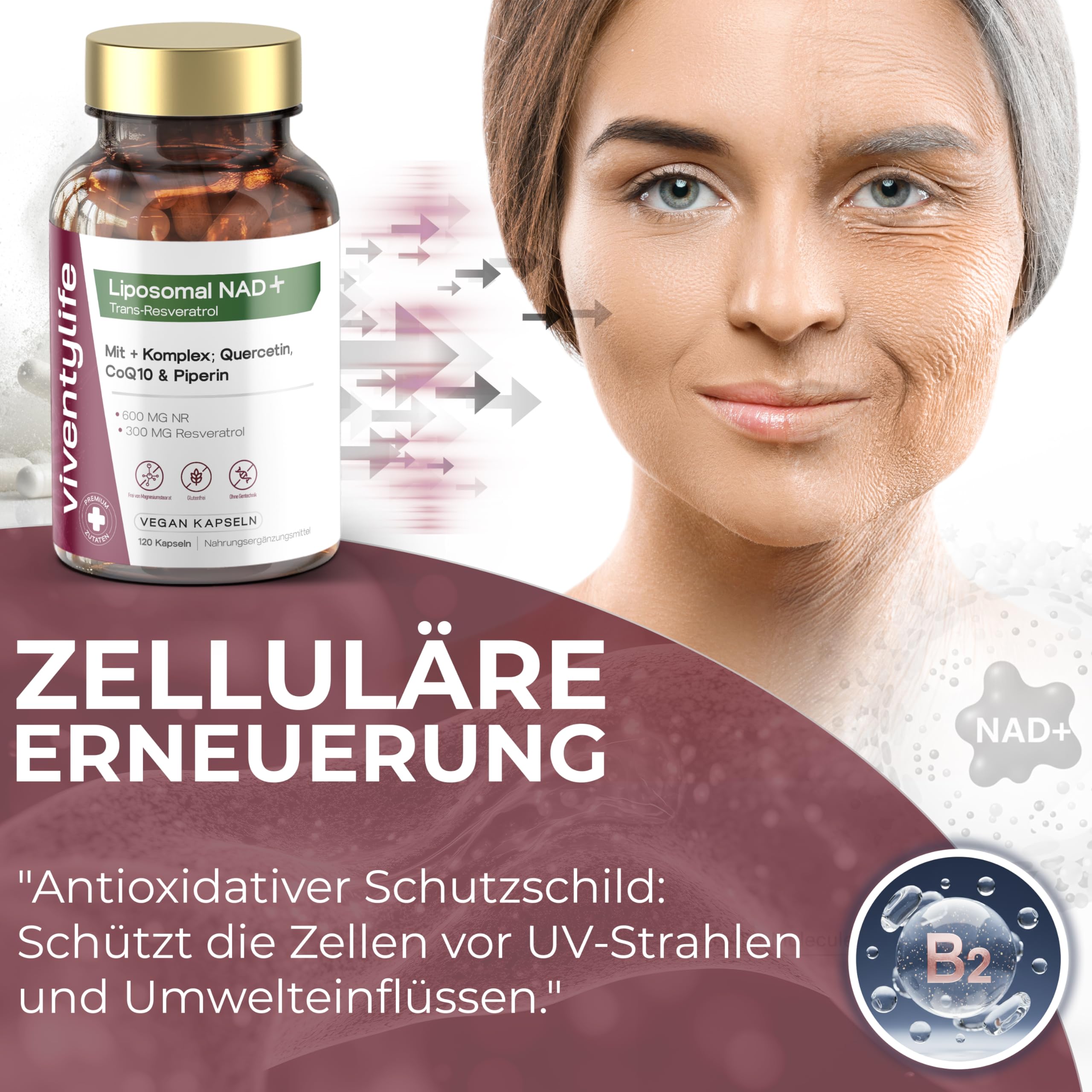 Liposomal NAD+ Komplex Nicotinamid-Ribosid mit Resveratrol, Quercetin, Coenzym Q10, TMG, Piperin und Vitamin D3 & B2-120 Vegan Kapseln