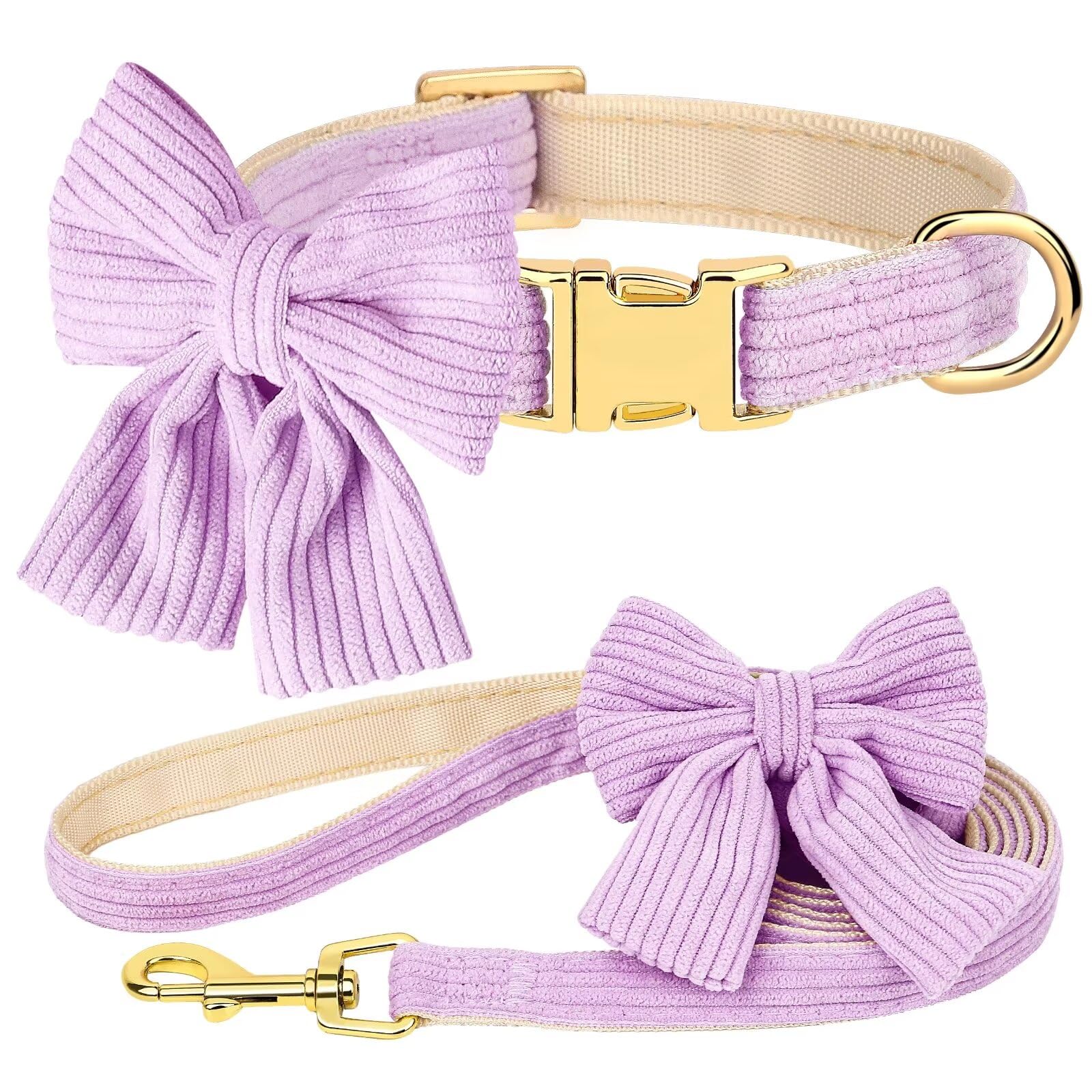 Didog Cute Dog Collar and Leash Set with Bowtie, Girl Dog Collars Metal Buckle Adjustable for Small Medium Dogs(Purple, M)
