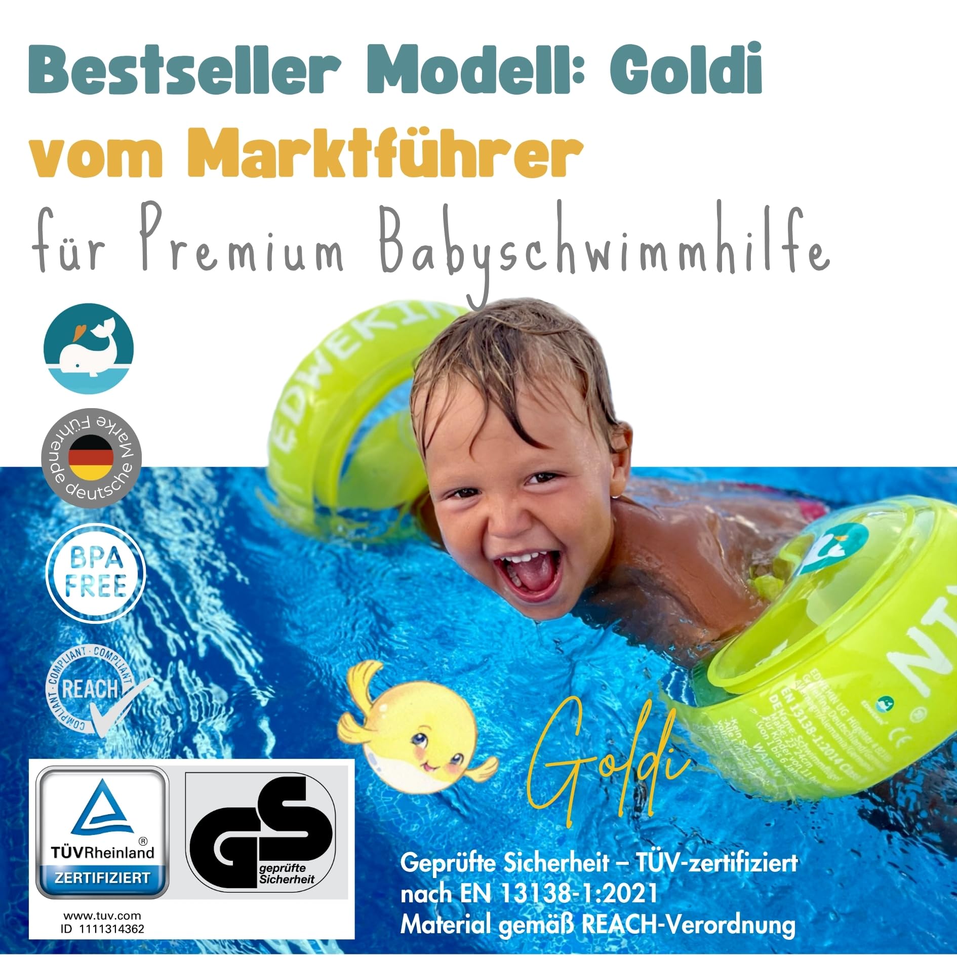 EDWEKIN® Premium Schwimmflügel | TÜV & GS-geprüft ✓ | Für Kinder 1–6 Jahre | BPA-frei & stylisches Design | Sichere Schwimmhilfe für Babys und Kleinkinder