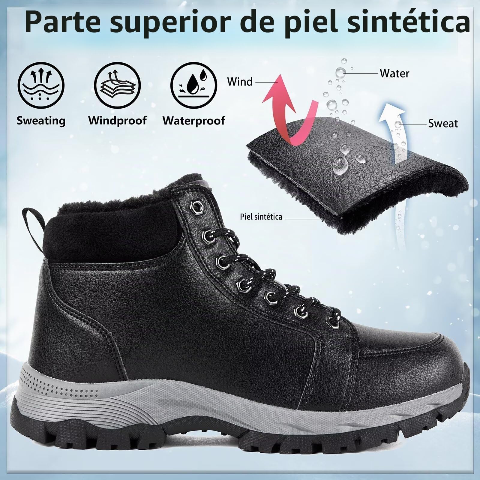 Botas Hombre Invierno Forro Cálido Impermeable Botines de Nieve de Cuero Trekking Zapatos de Senderismo