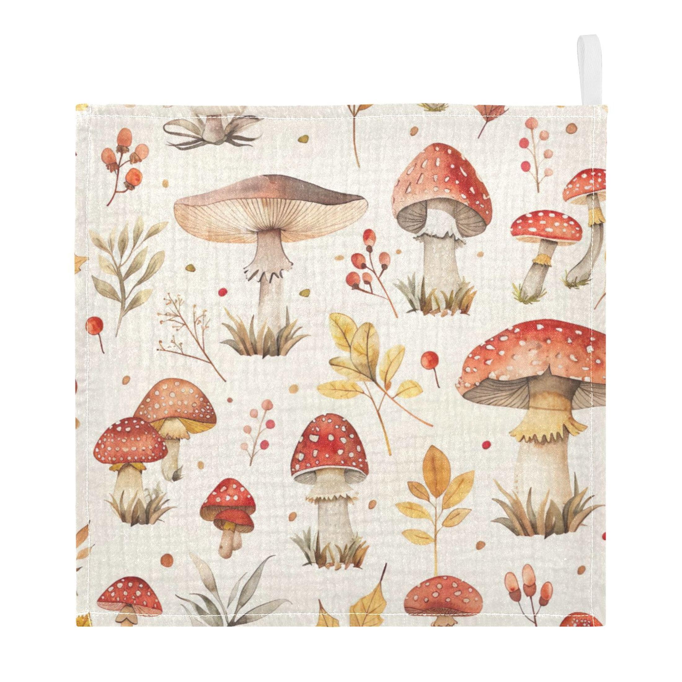 Fuauuyl Mushrooms Baby Muslin Washcloths Cotton Absorbent Soft Burp Cloths for Newborns Infants Toddlers, Reusable Face Towels for Sensitive Skin, 5 Pack, 12x12 in