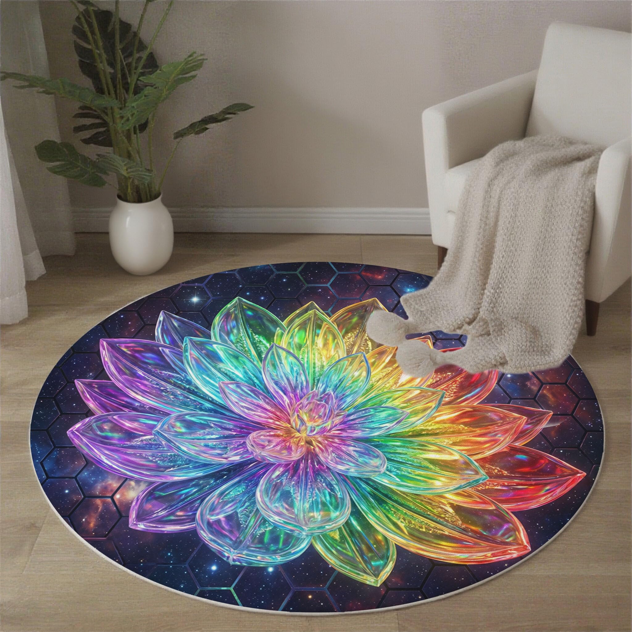 Tapis Rond 100cm Lotus De Cristal Arc-en-Ciel pour Chambre, Géométrie Cosmique Onirique Rond Tapis Antidérapant Lavable en Machine Cuisine Salon Adulte Interieur Bureau Cuisine Decoration