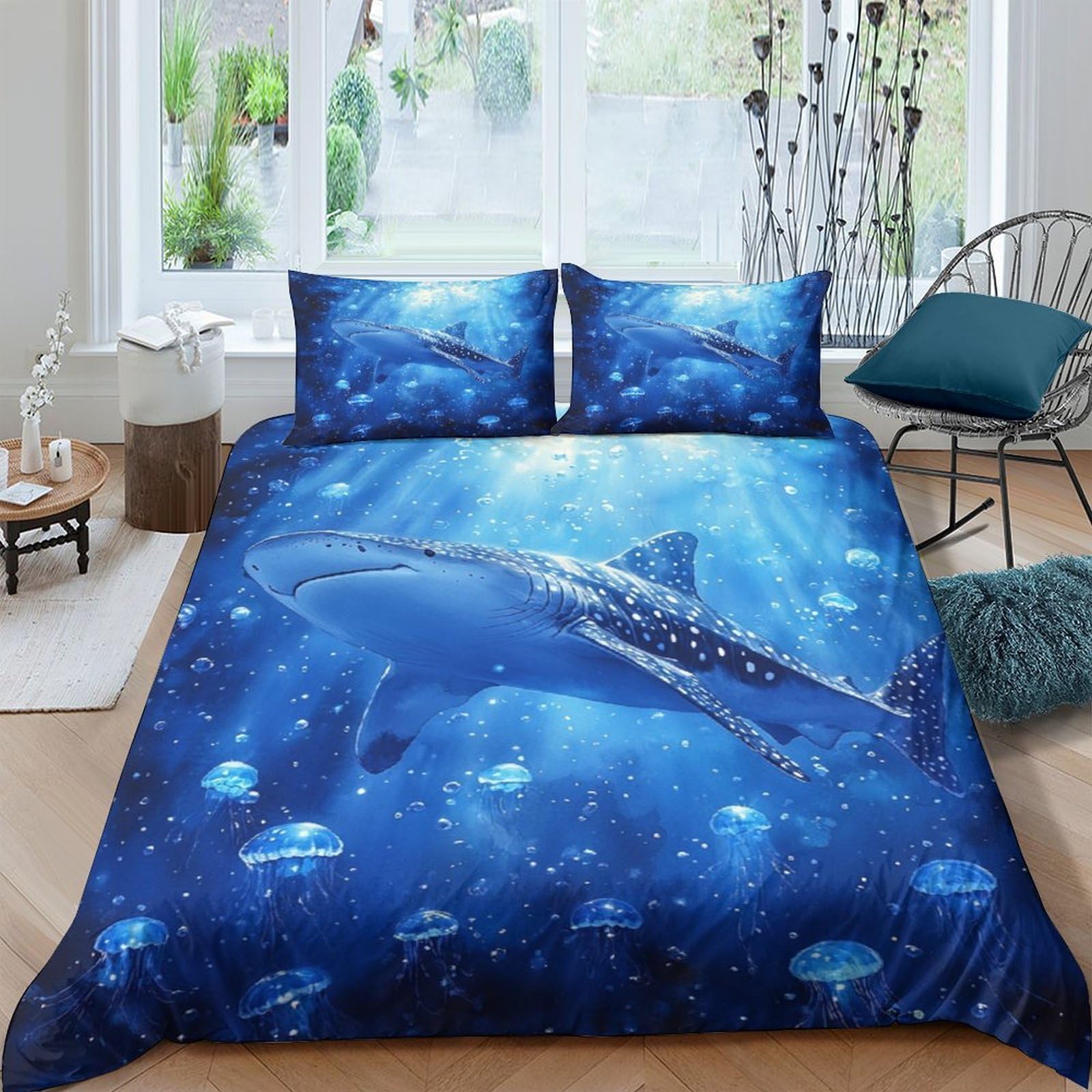 Ctjqhvkz Style-8 3D Printed Ocean Whale Fitted Sheet Microfiber Soft Blue Underwater Mattress Cover For Bedroom Dorm Home Decor Single（135X200cm）