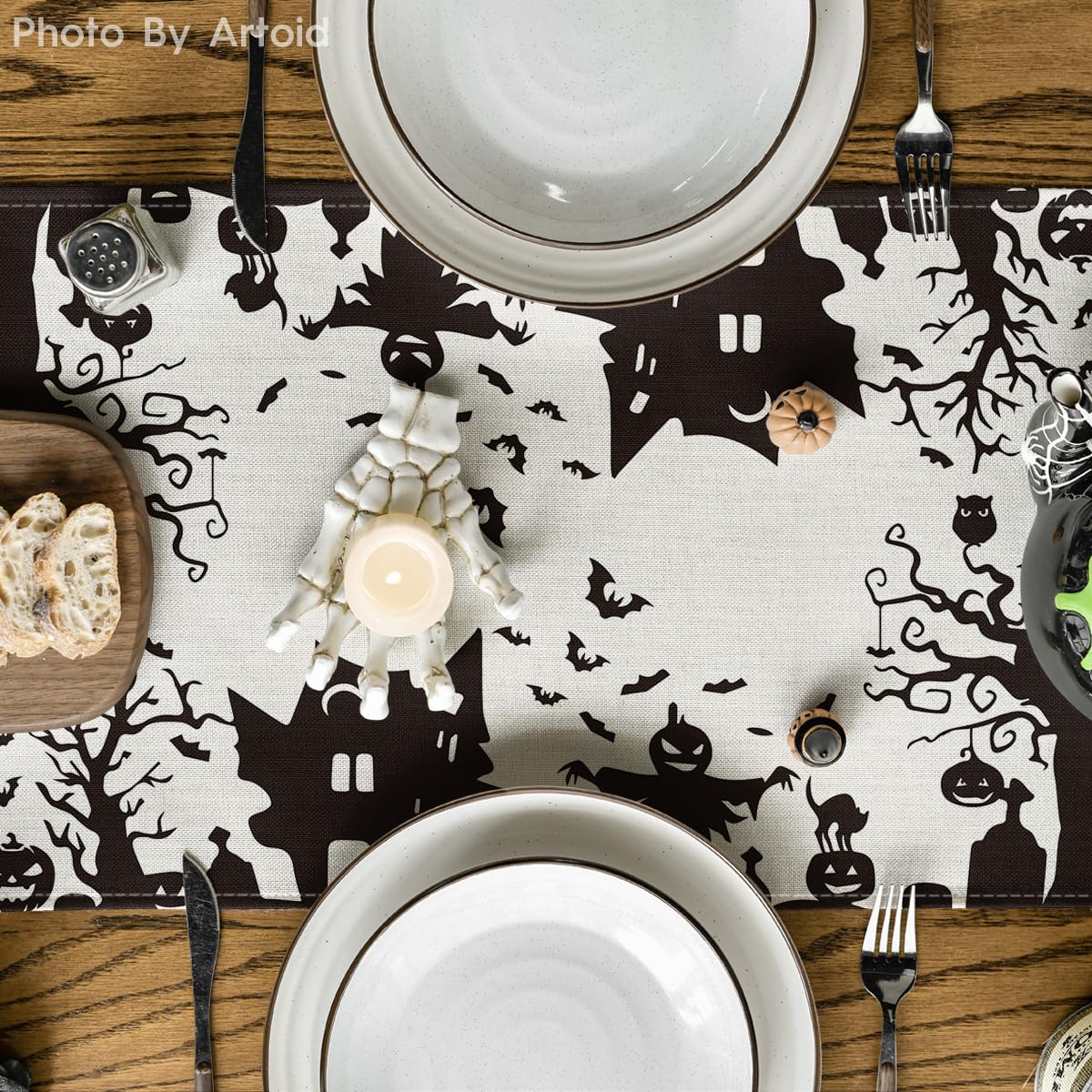 Artoid Mode Black White Spooky Haunted House Tree Ghost Witch Halloween Table Runner, Fall Kitchen Dining Table Decoration for Home Party Decor 13x72 Inch image_2