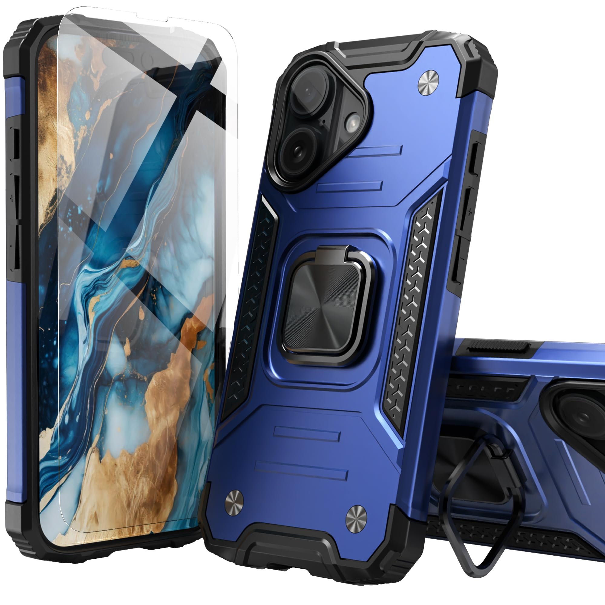 IDYStar iPhone 16 Case with Screen Protector, Hybrid Drop Test Cover with Car Mount Kickstand, Slim Fit Protective Sturdy Case for iPhone 16 6.1 Inch, Navy Blue