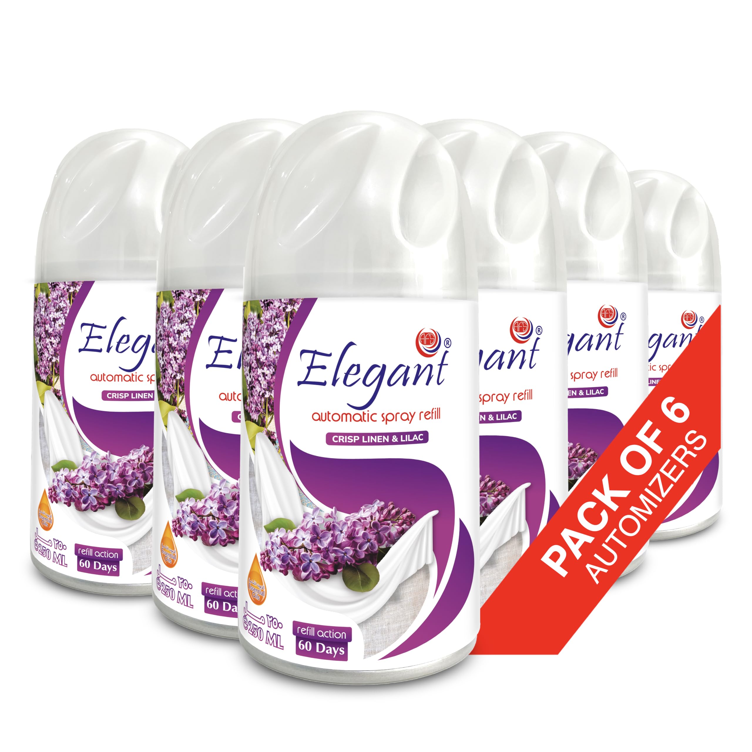 Elegant Automatic Spray REFILL – Crisp Linen & Lilac – 250ML – Pack of 6, 6-Pack (250ML x 6 Pcs) – Air Freshener REFILL for Home And Bathroom, Made With ESSENTIAL OILS