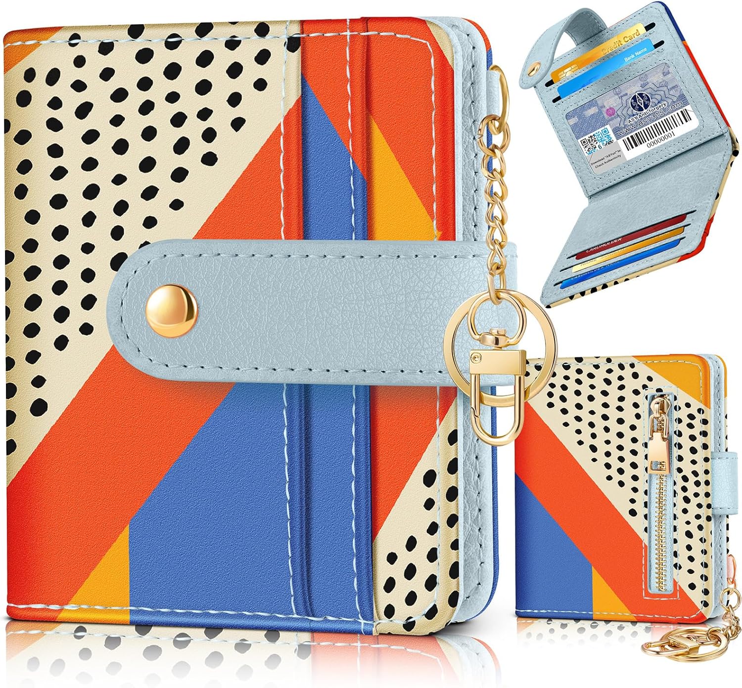 Bistup Wallet for Women Cute Bifold Card Wallet Rfid with Keychain for Ladies Teen Girls Female Medium Aesthetic Girly Small Thin Slim Abstract Unique Pretty Modern Leather Credit Card Holder Purse