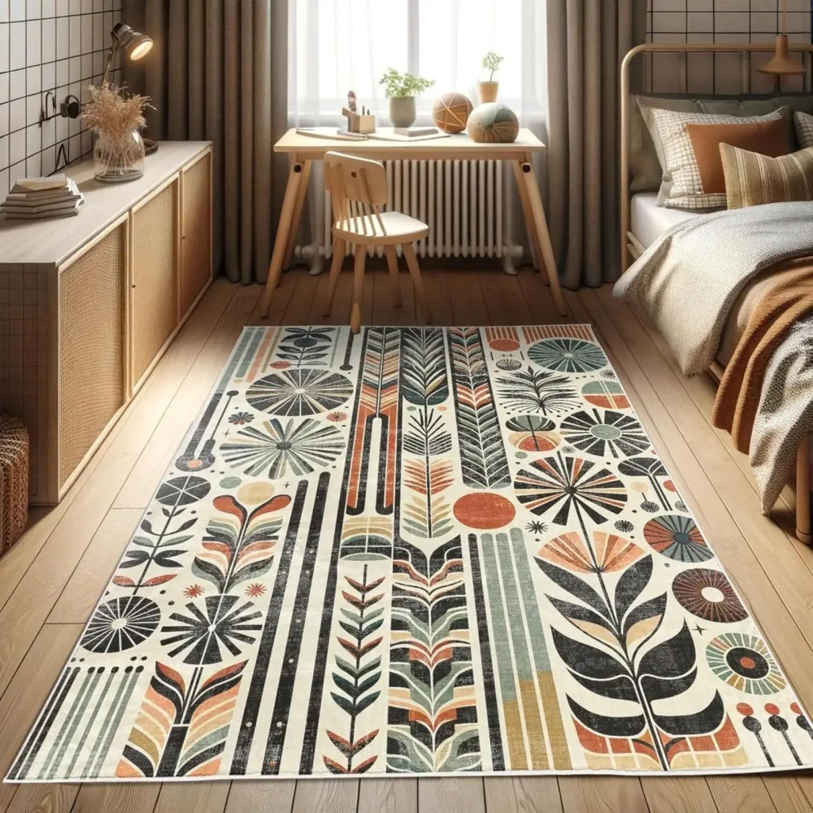 Tapis vintage beige grand format de haute qualité aux finitions soignées pour salon moderne