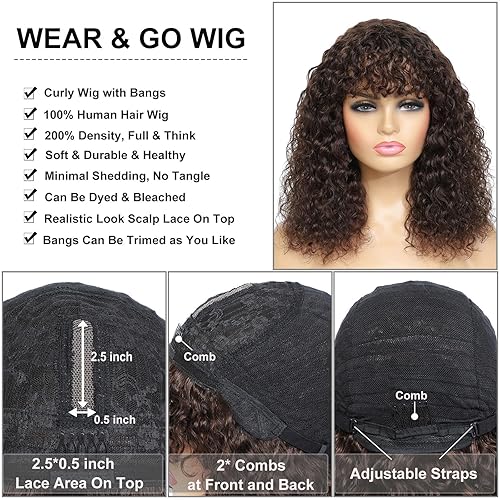 Miniatura 5 de CLIONE Peluca de cabello humano ondulado marrón con flequillo, encaje HD sin pegamento, peluca de cabello humano de aspecto realista, densidad 200,