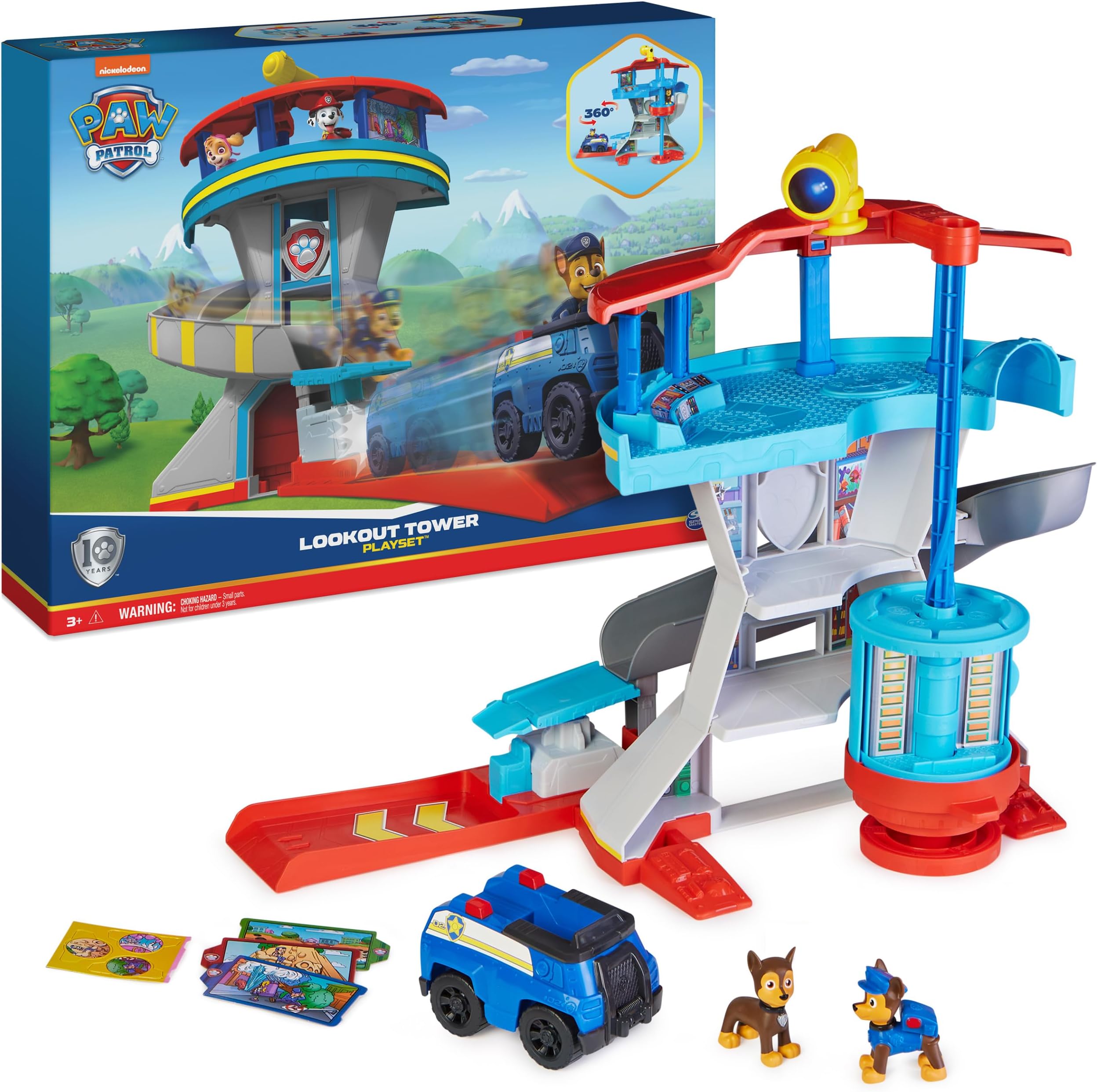 Paw Patrol Lookout Tower Playset with Toy Car Launcher, 2 Chase Action Figures, Chase's Police Cruiser and Accessories, Kids