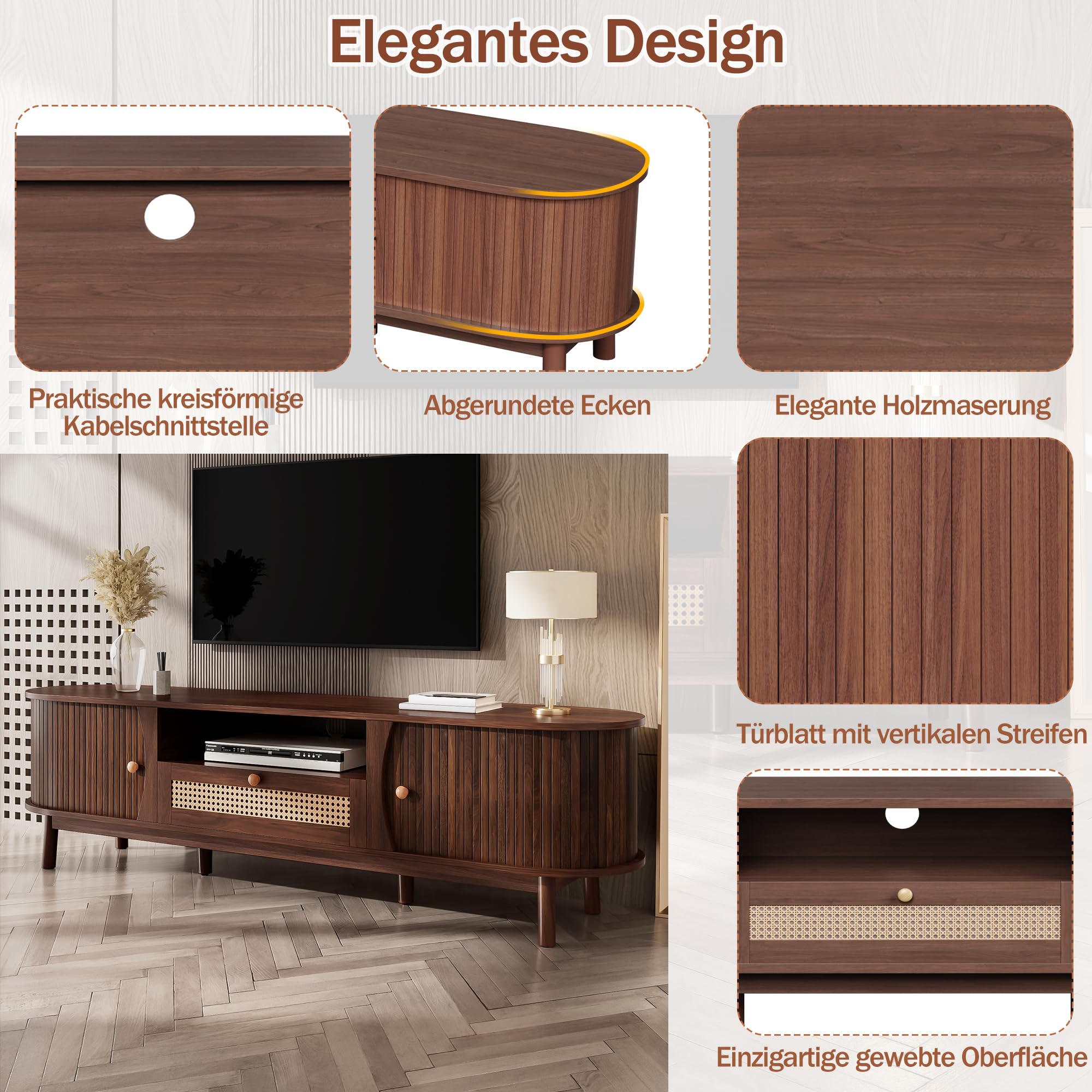 Merax TV-Schrank Rattan 165x37x46 cm, Landhausstil, Massivholztüren & handgeflochtene Schubladen, offener & geschlossener Stauraum, Robustes Wohnzimmermöbel, dunkle Holzfarbe