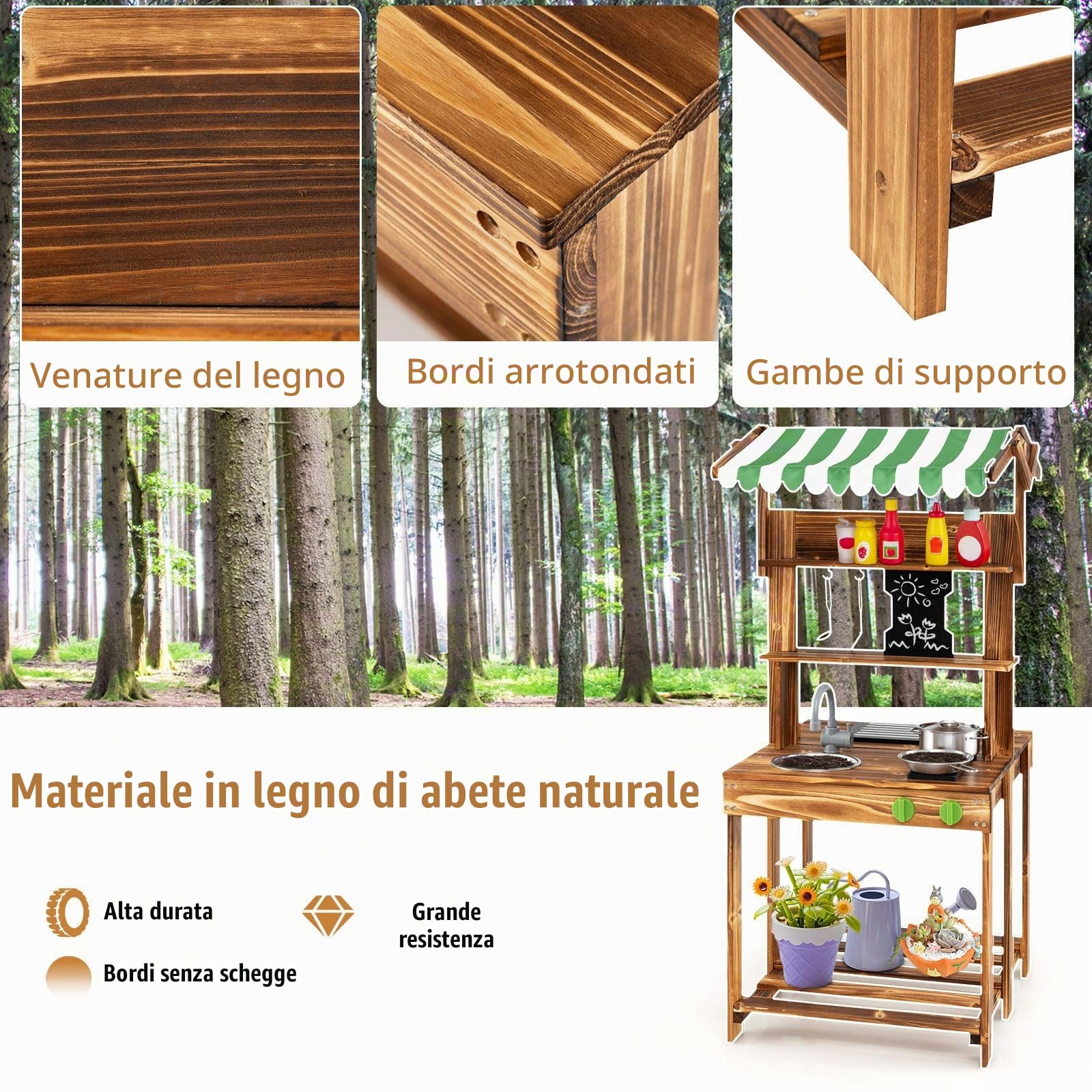 HOMASIS Cucina da Esterno in Legno con Tettoia, Cucina Giocattolo per Bambini a Doppia Faccia con Lavagna, Rubinetto, 4 Utensili e 2 Ganci, Barbecue Giocattolo per Bambini da 3+ Anni, Verde