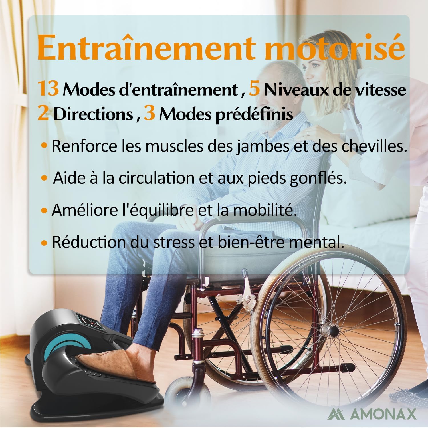 An elderly man in a wheelchair using the Amonax elliptical, with text highlighting benefits like strengthening muscles, aiding circulation, improving balance, and reducing stress.