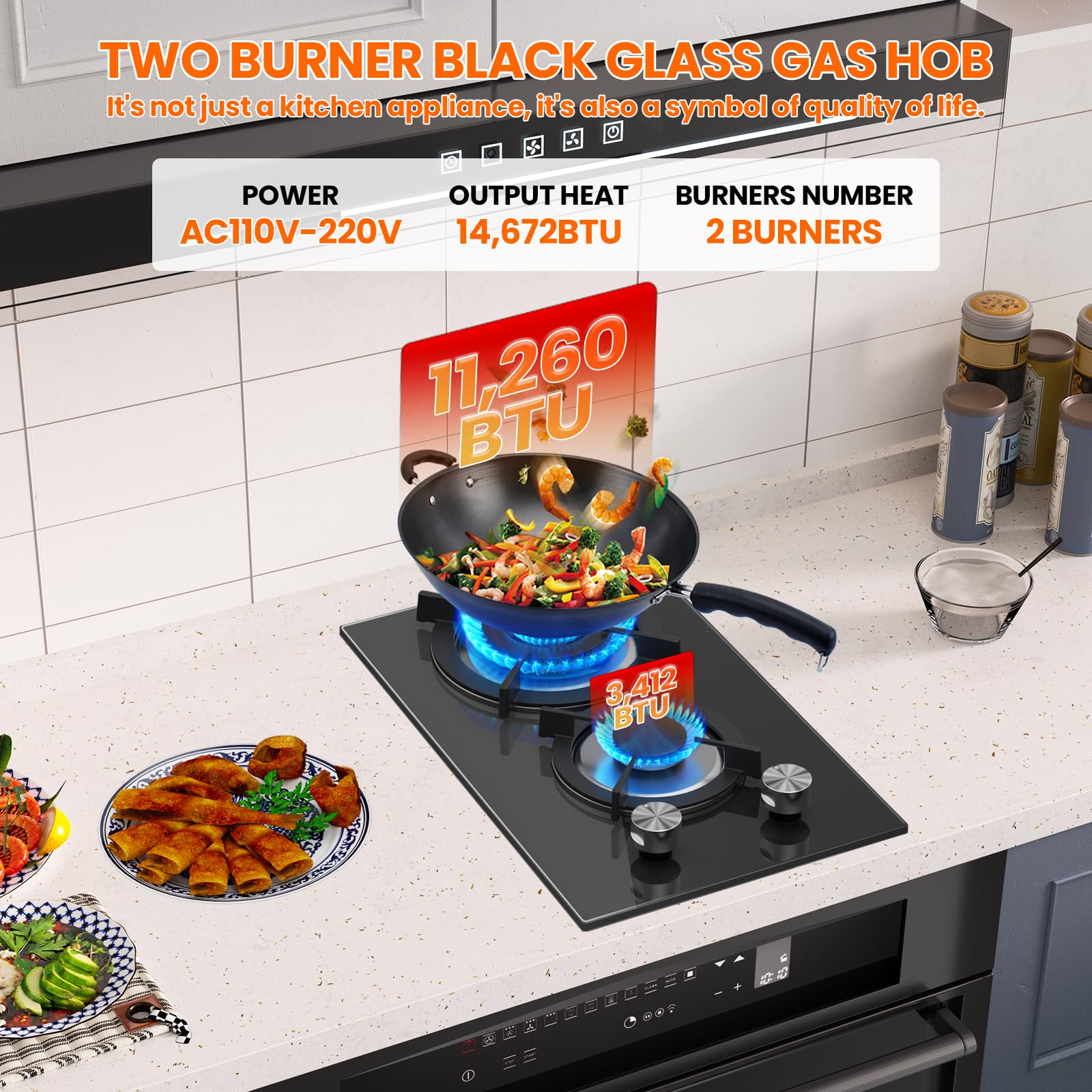 Gas Hob 2 burners, Built in Black Glass Gas Hob with Flame Out Protection,with Cast Iron Supports,NG/LPG Convertible — view 2