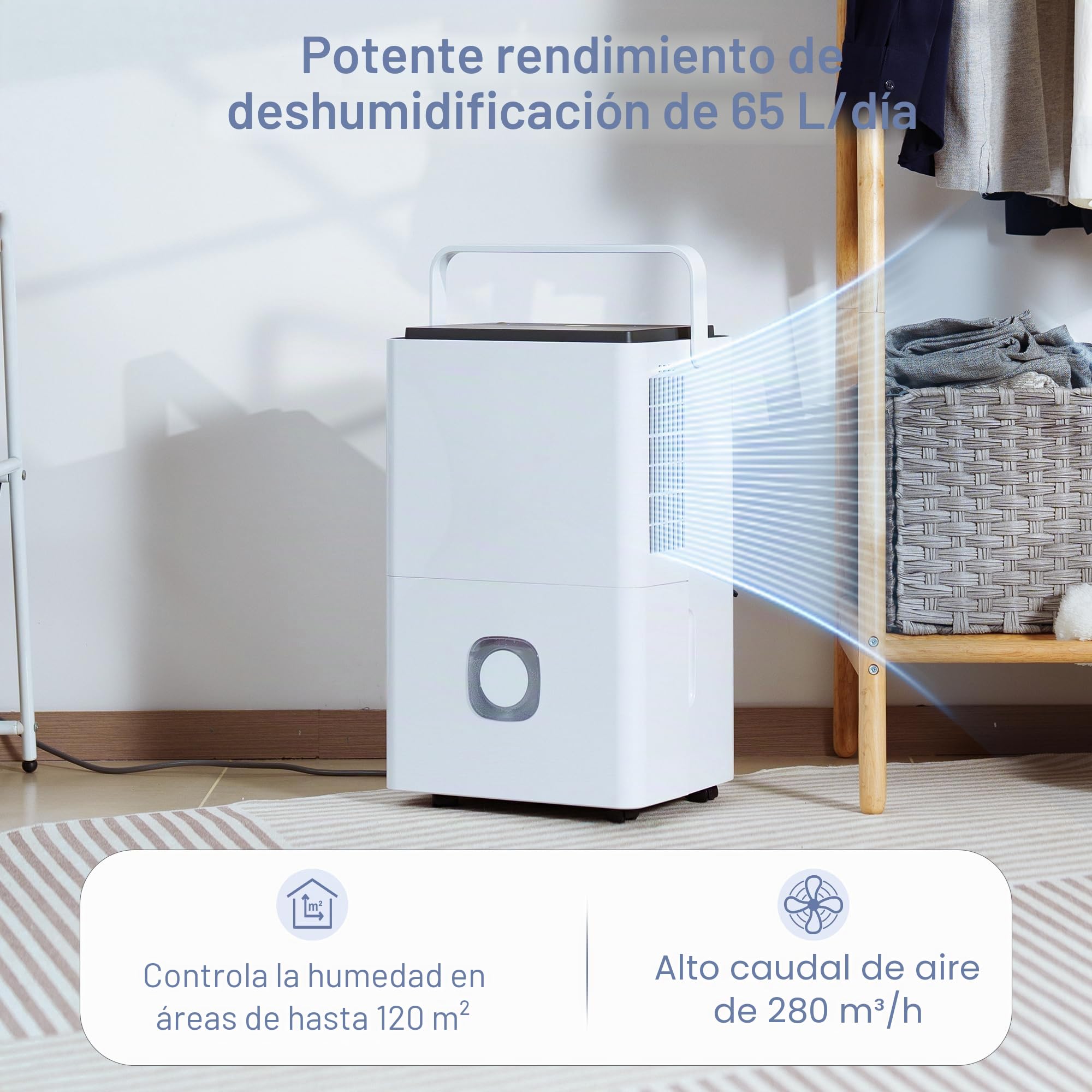 65L/Día 4.5L Po Deshumidificador Eléctrico de Gran Capacidad | Potente Compresor Bajo Consumo Drenaje Continuo Silencioso para Casa/Baño/Habitación/Oficina/Garaje/Trastero