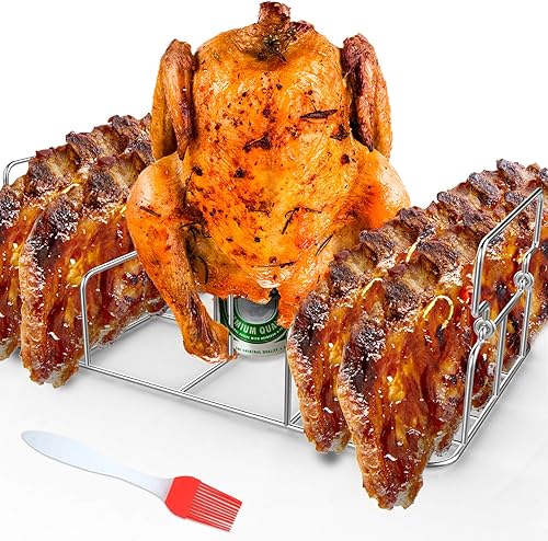 Miniatura 1 de RUSFOL Asador de pollo Beercan de acero inoxidable y estante para costillas con un cepillo de aceite de silicona, soporte rectangular de barbacoa