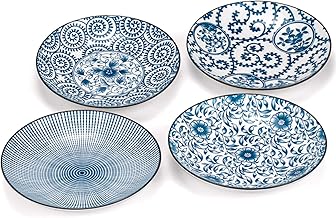 Foraineam Set of 4 Blue and White Porcelain Serving Plates Floral Dinner Shallow Plates Appetizer Salad Dessert Snack Plate Set