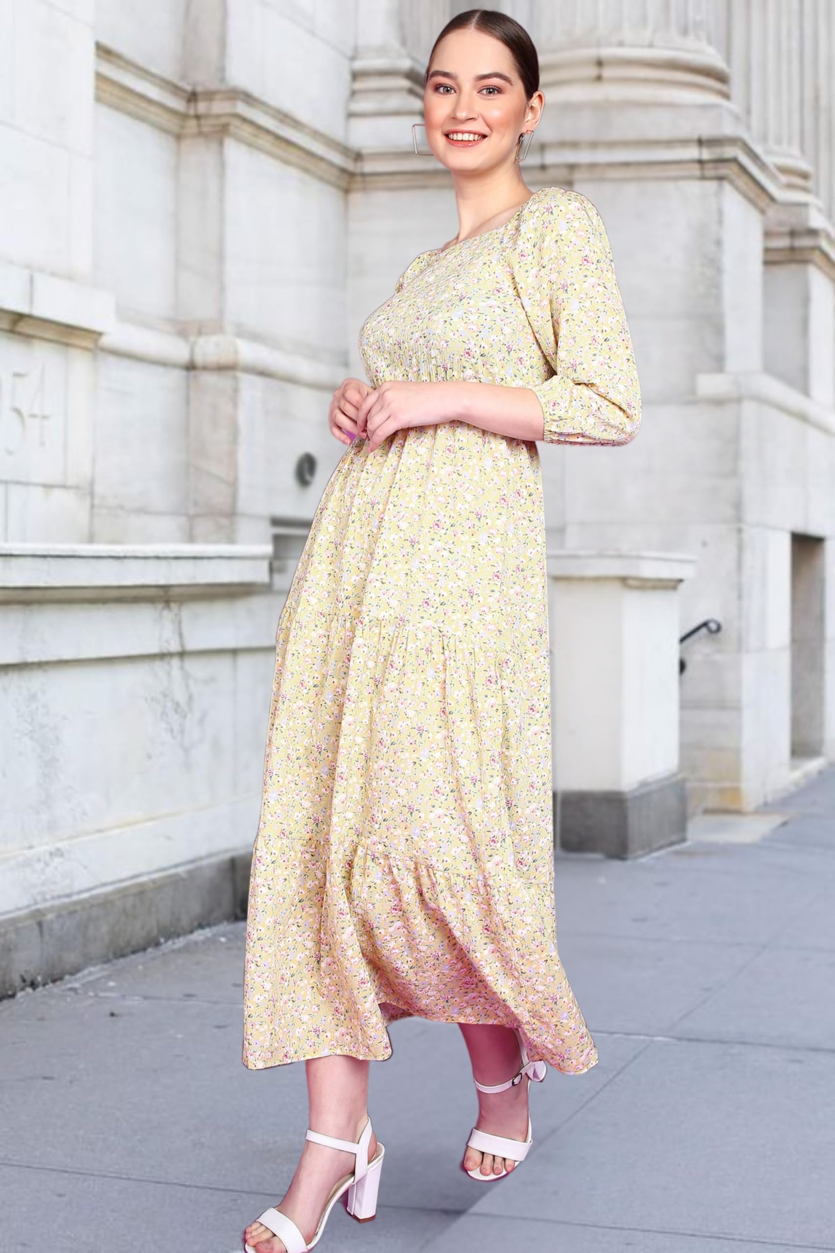 Popwings Polyester Fit And Flare Maxi Women Dress (B0Cgdhk7C6_Lemon Yellow