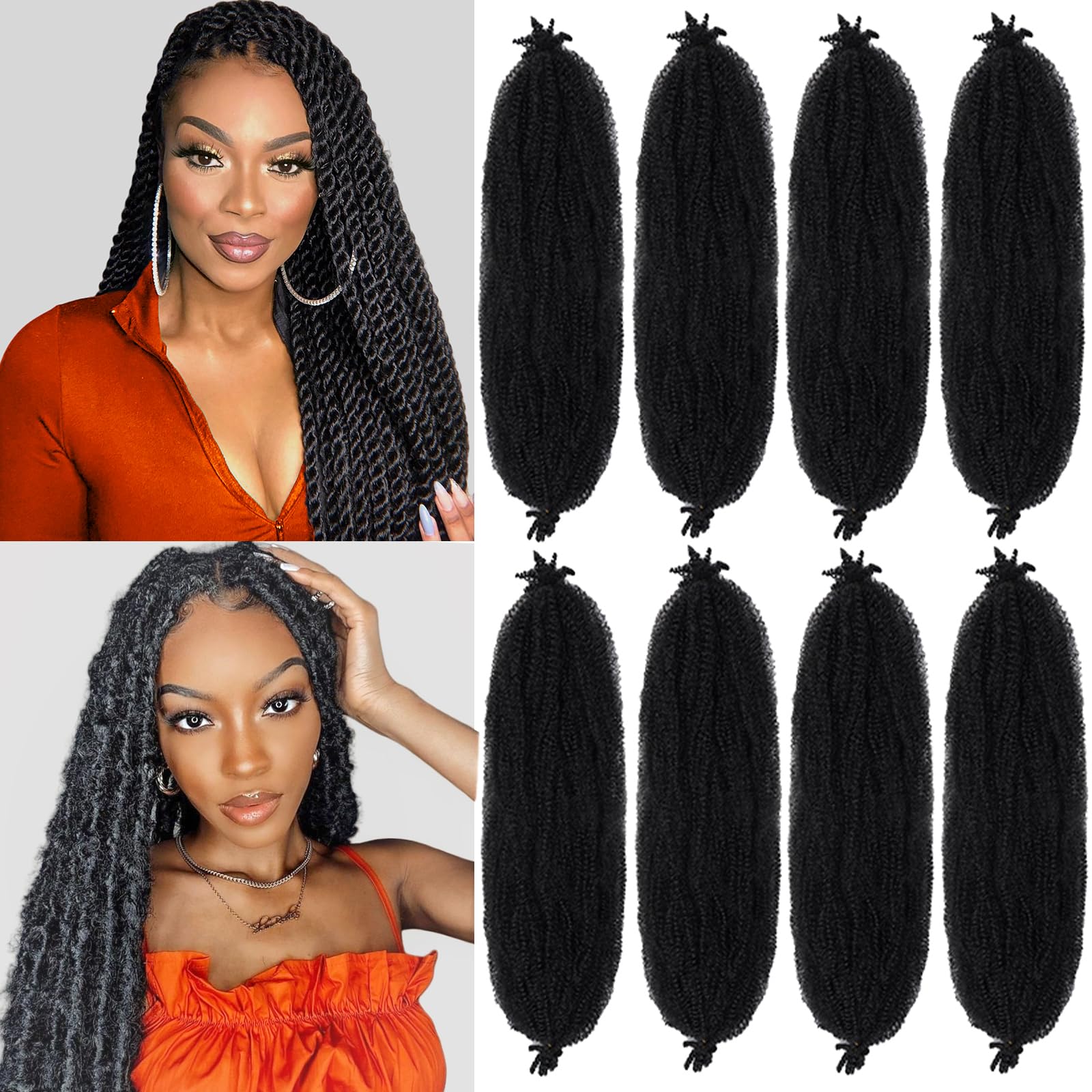Springy Afro Twist Hair 8 Packs Marley Twist Braiding Hair Pre Separated Spring Twist Hair for Faux Locs Crochet Hair Kinky Twist for Braiding Synthetic Hair Extensions (1b#, 24inch(Pack of 8)