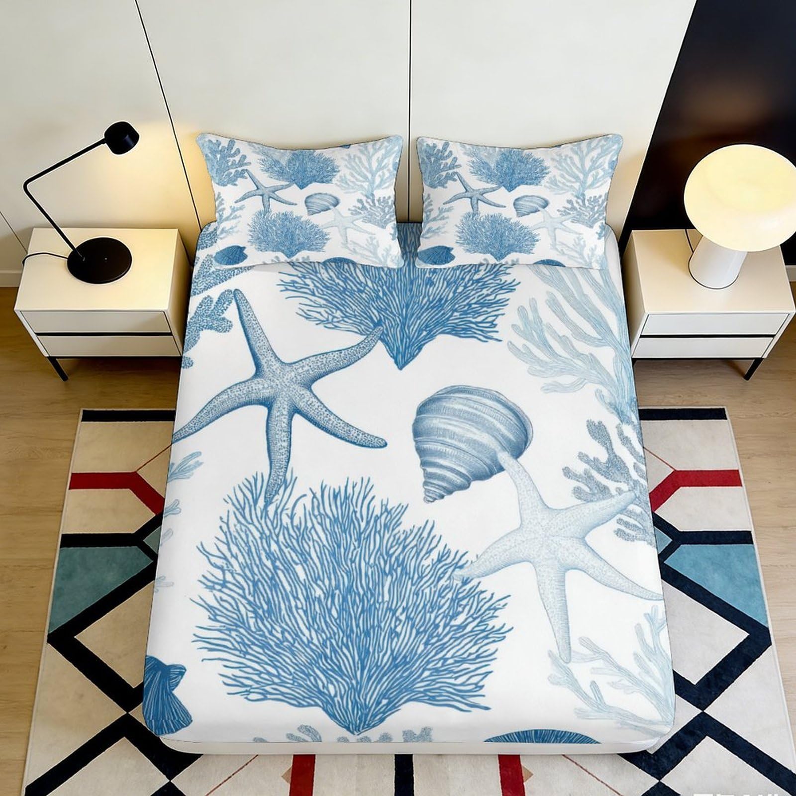 3D Printed Ocean Coral Fitted Sheet Microfiber Soft Blue Starfish Mattress Cover for Bedroom Guest Room Decor 90x200x25cm