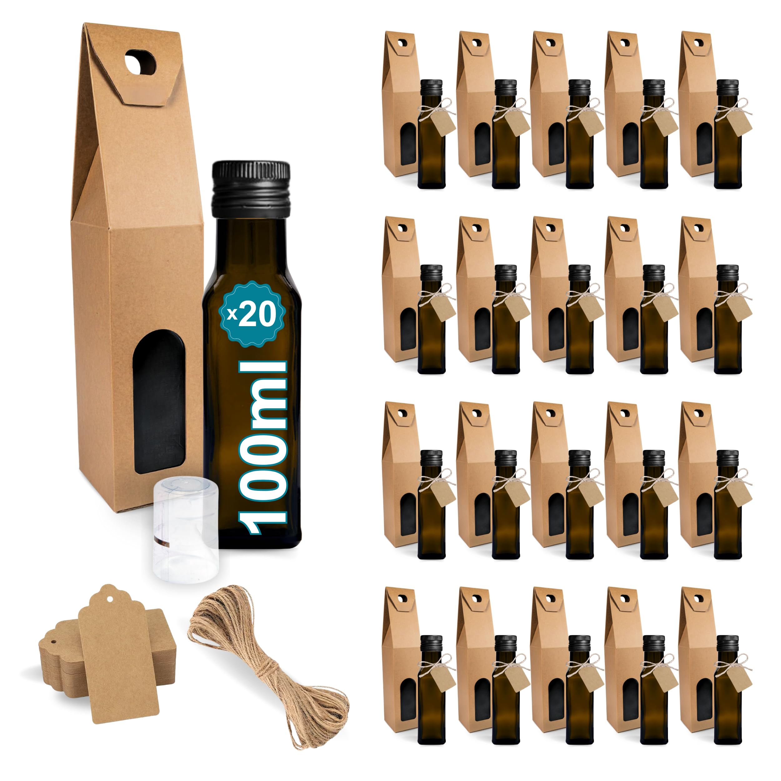 20 Botellas de Cristal Oscuro 100 ml con Tapón de Rosca Negro + 20 Cajas + 20 sellos + 20 Etiquetas Kraft + Cuerda – Botellas Pequeñas para Aceite de Oliva, Vinagre, Alcohol, Muestras