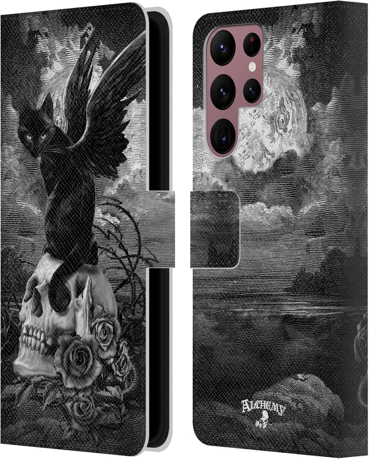 Head Case Designs Officially Licensed Alchemy Gothic Nine Lives of Poe Skull Cats Leather Book Wallet Case Cover Compatible with Samsung Galaxy S22 Ultra 5G