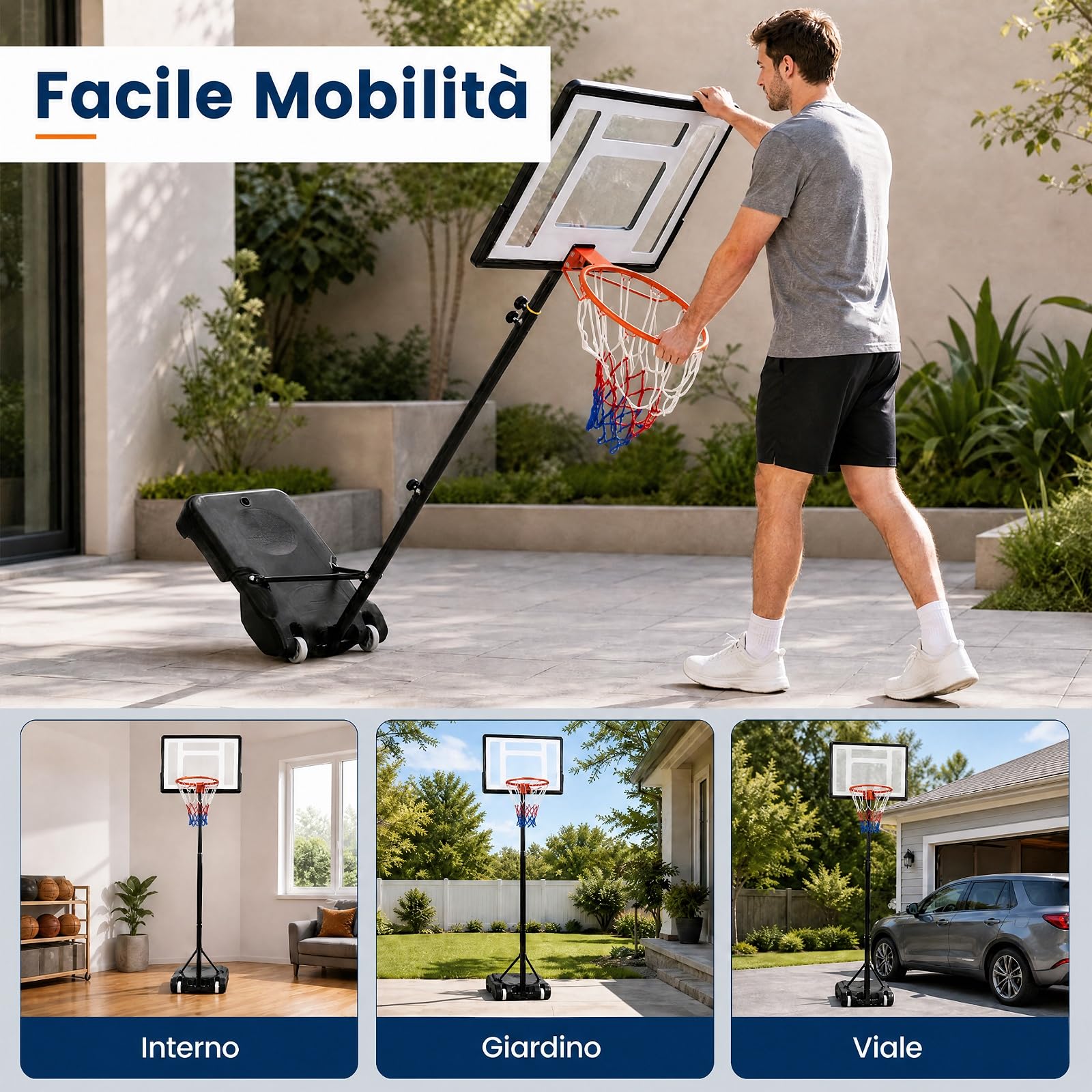 COSTWAY Canestro da Basket per Esterno e Interno 263-308 cm | Canestro Baskat per Bambini e Adulti Regolabile Altezza Portatile con Base Riempibile, Tabellone Infrangibile, Rete e Ruote