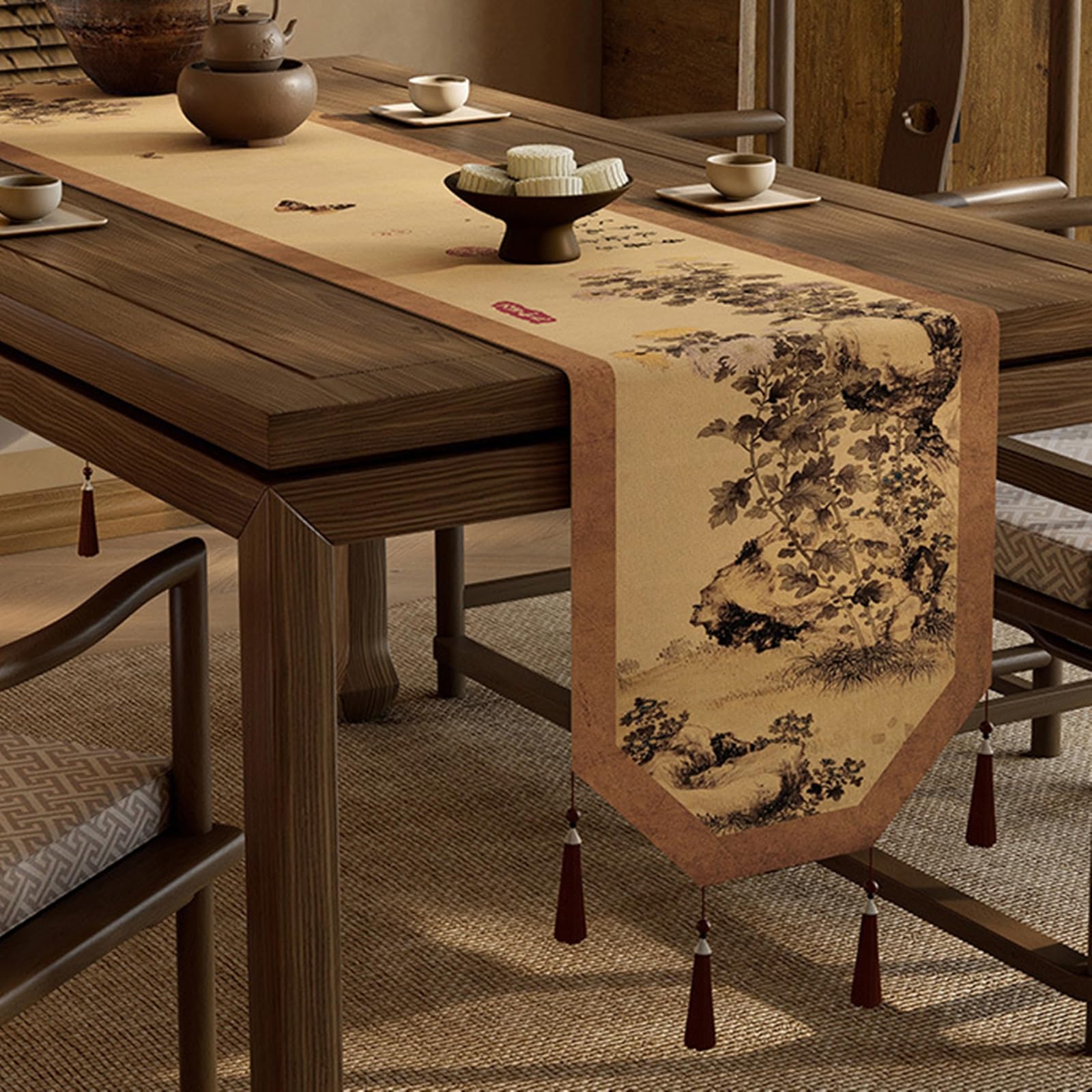 Runner da Tavolo Poliestere Lino 35x200 cm, Runner da Tavola Moderno Lavabile Motivo Farfalle e Rami D'Albero con Nappe Decorazioni per Tavoli Feste Festival Matrimoni, Beige Marrone