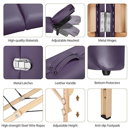 Miniatura 7 de Yaheetech Cama de spa portátil para pestañas, cama de masaje, mesas de spa plegables ajustables de 2 pliegues con bolsa no tejida, lavanda