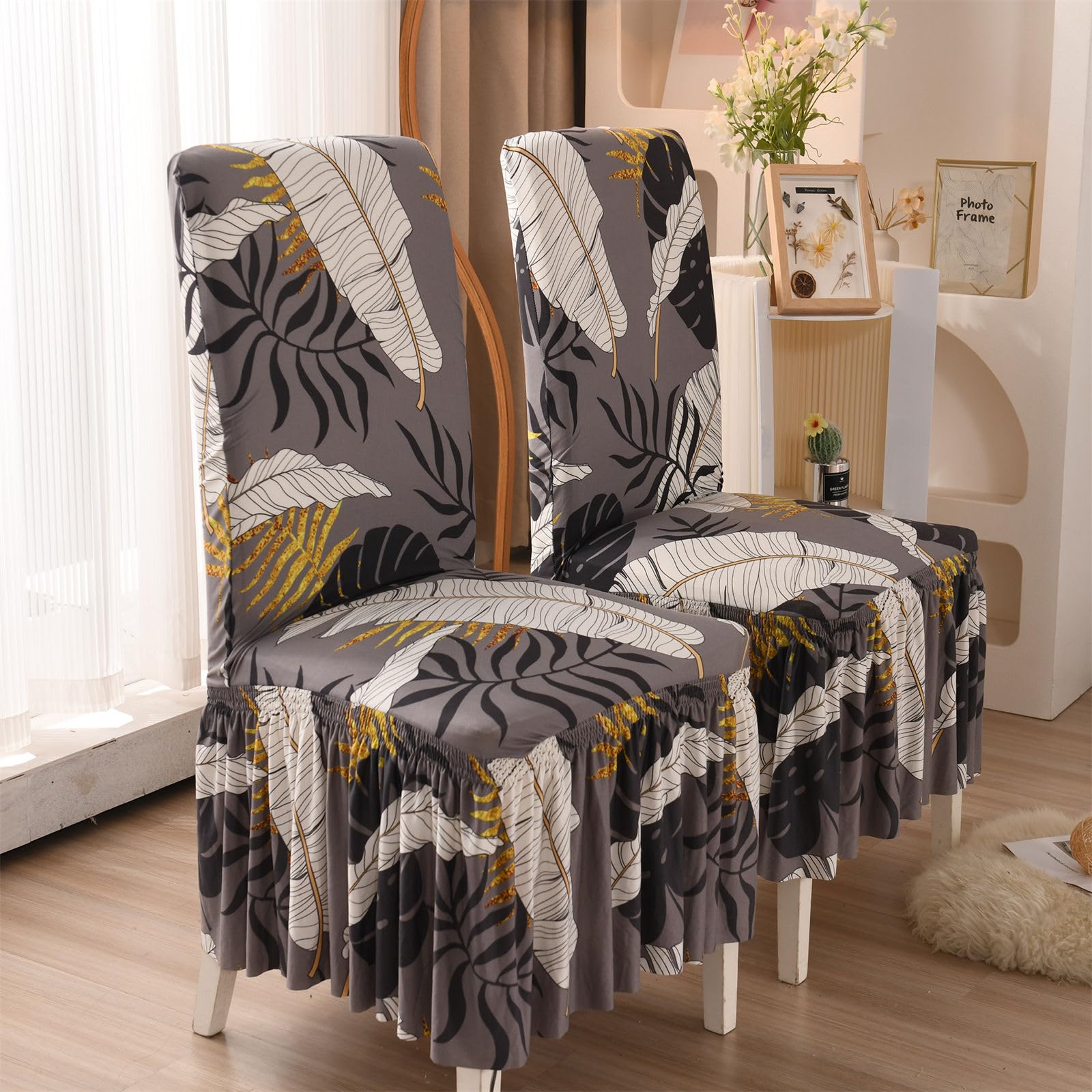 Dining Chair Covers with Skirt,Ruffle Chair Covers Set of 2/4/6/8, Universal Fitted Chair Covers Chair Slipcovers Wedding Chair Covers Chair Protective Cover (Golden Leaves,2 Pieces)