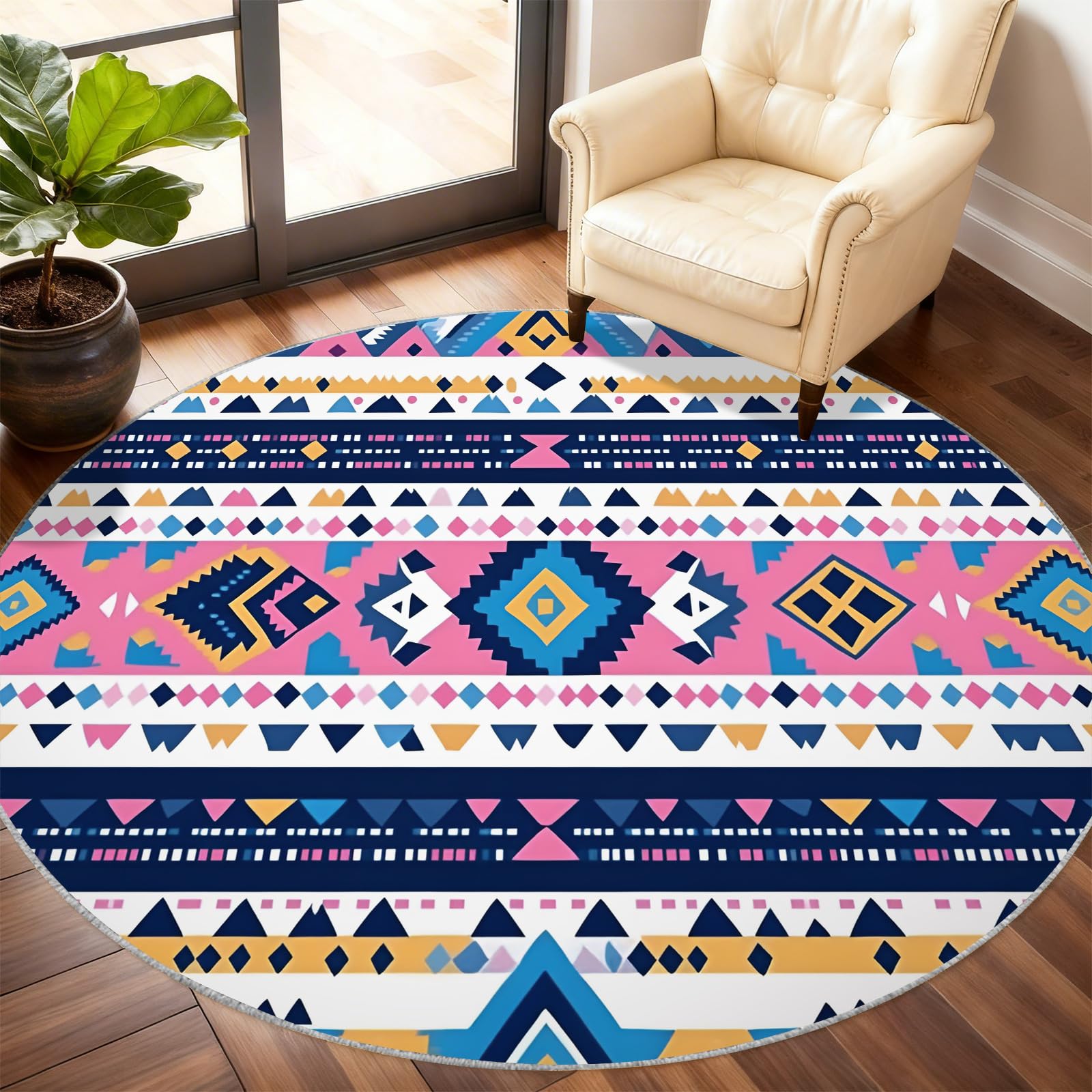 Tapis rond aztèque – Tapis géométrique tribal pour cuisine, ethnique bohème – Tapis circulaire pour salle à manger – Tapis lavable antidérapant coloré sud-ouest – 1,5 m