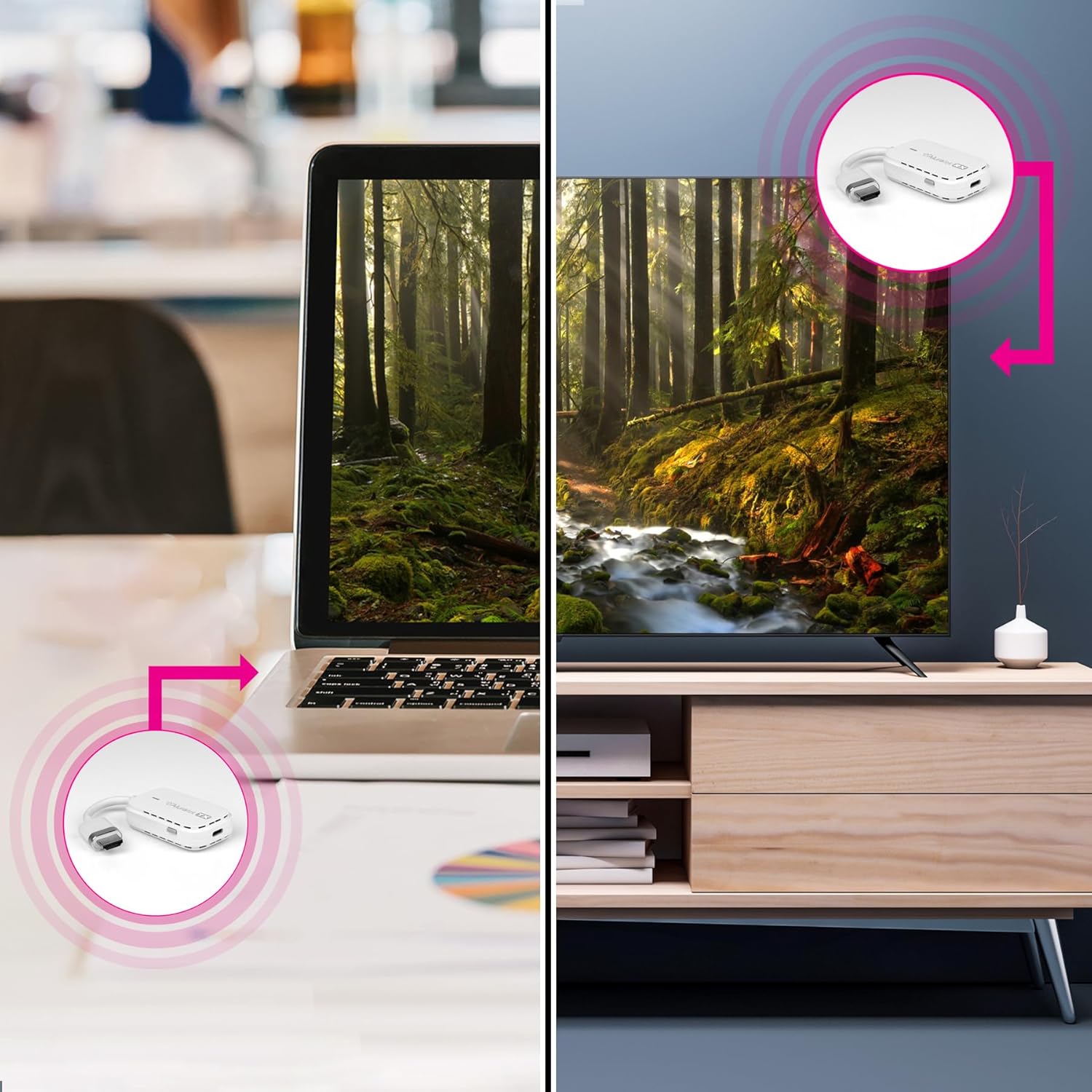 Setup diagram showing laptop connected to transmitter and TV connected to receiver