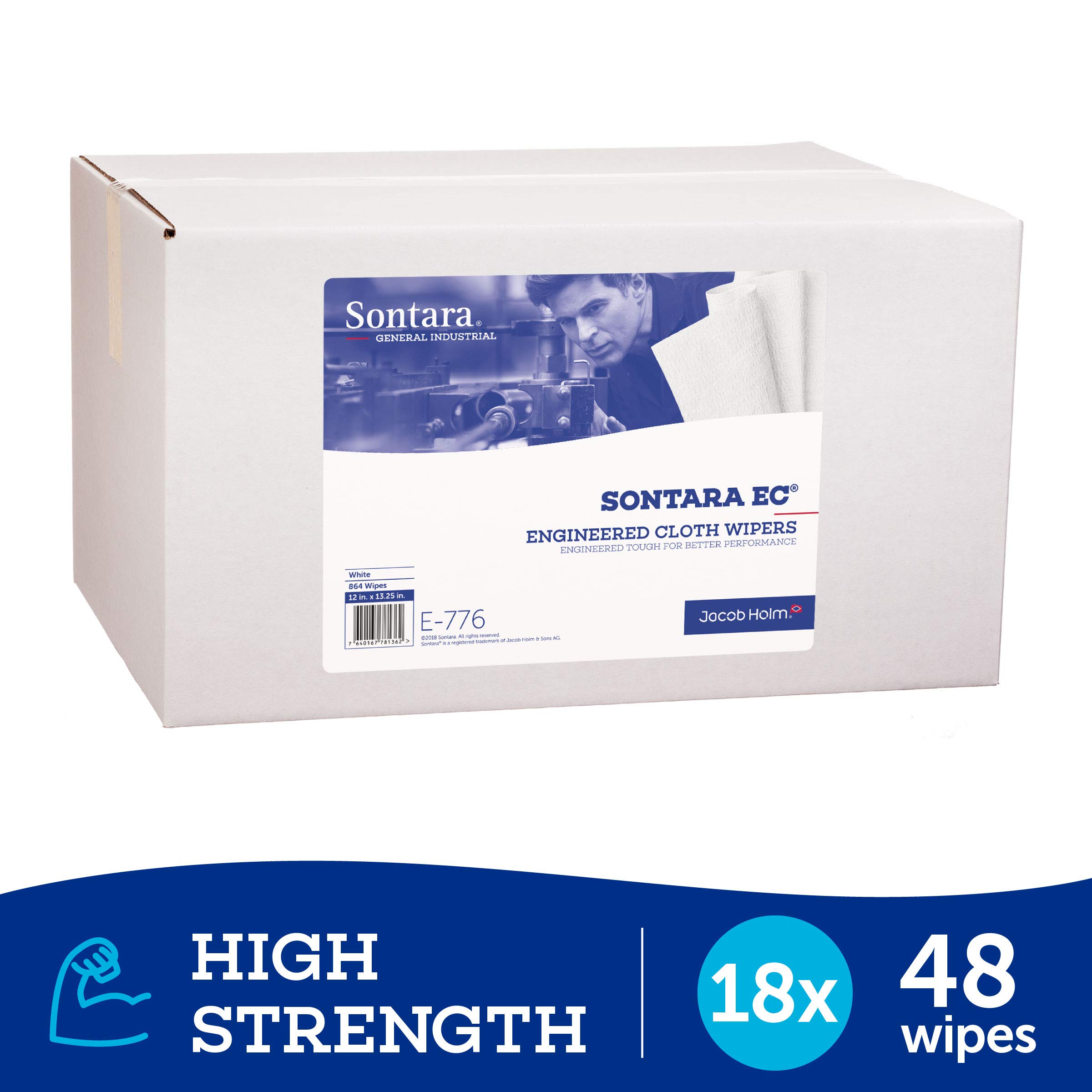 Engineered Cloth Wipers, E776, White, 12" x 13.25", (Total of 864 Wipes), (Case of 18 Packs, 48 Wipes Per Pack)