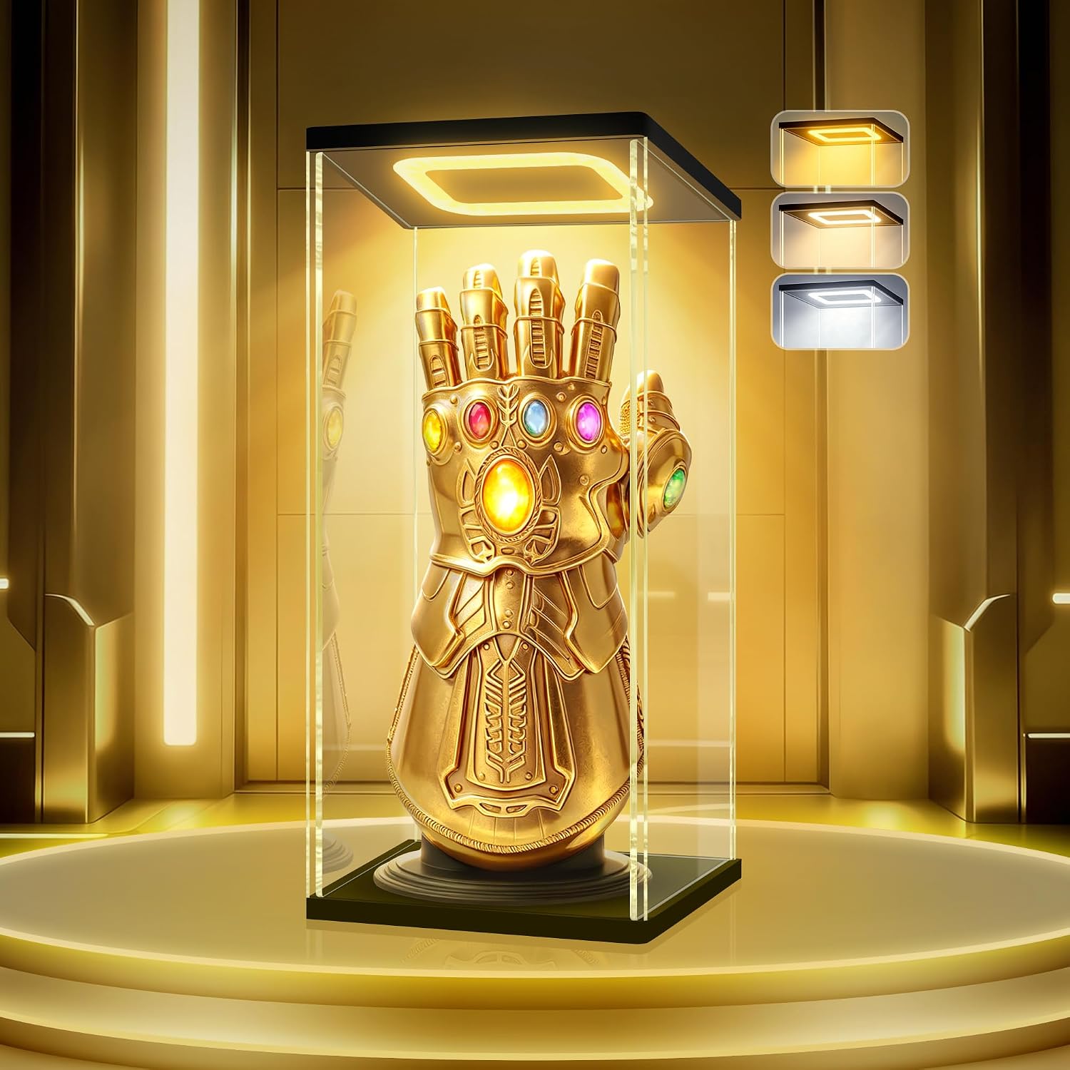 6.3x6.3x13.7” Acrylic Display Case with 3 Color Modes, Clear Lighted Showcase with Black Base for Infinity Gauntlet, Avengers Statues & Tall Action Figures