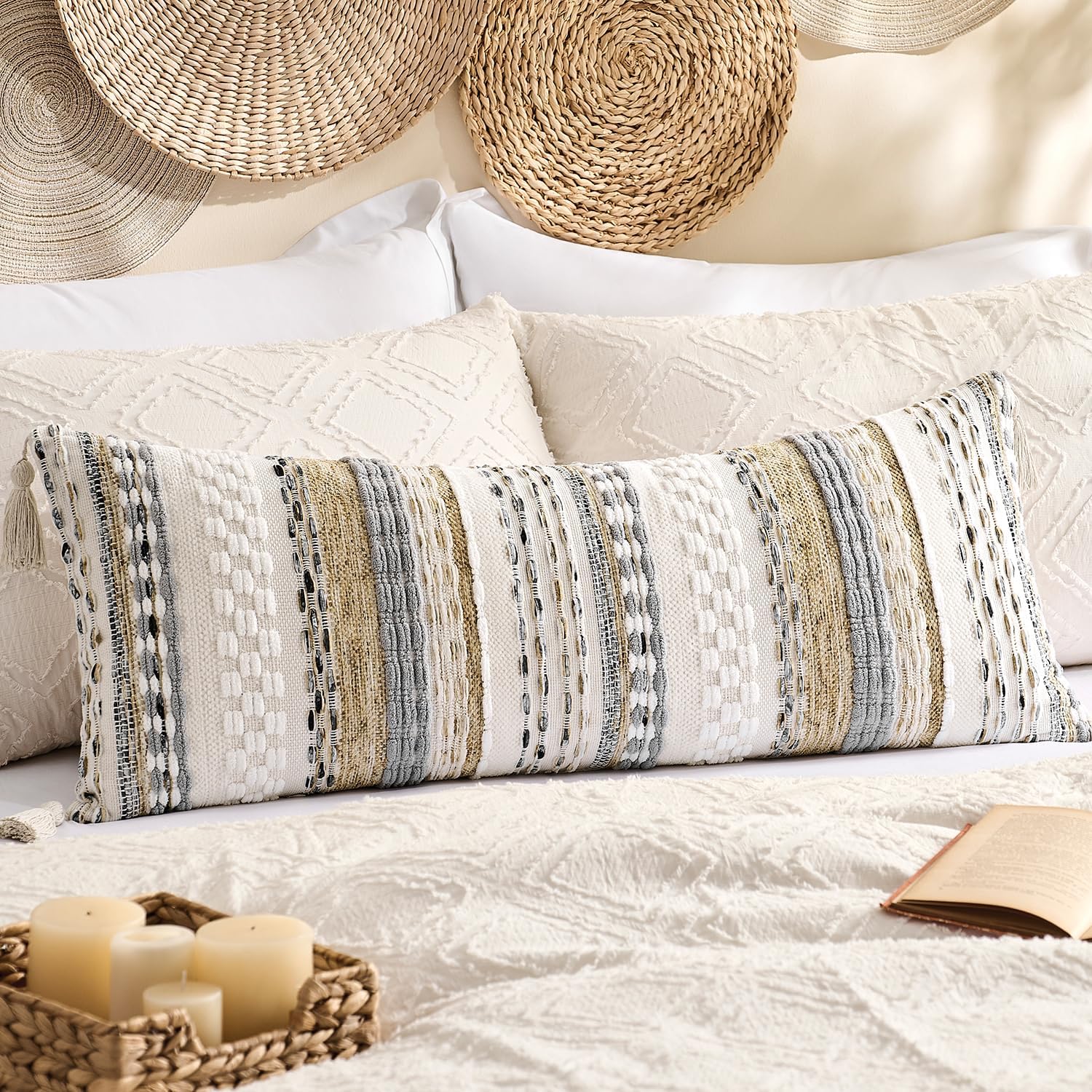 Kevin Textile Spring 14x36 Inch Long Lumbar Pillow Cover 1 Pack Boho Decorative Rectangle Cushion Case Throw Soft Chenille Thread Woven Tufted Textured Accent for Living Room Couch Sofa Bed, Beige