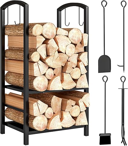 Outsunny Estante de Leña para chimenea Soporte para Leña de 2 Niveles Leñero Exterior e Interior Metálico con 4 Herramientas para Chimenea Carga Máx.100 kg 40x30x74,5 cm Negro
