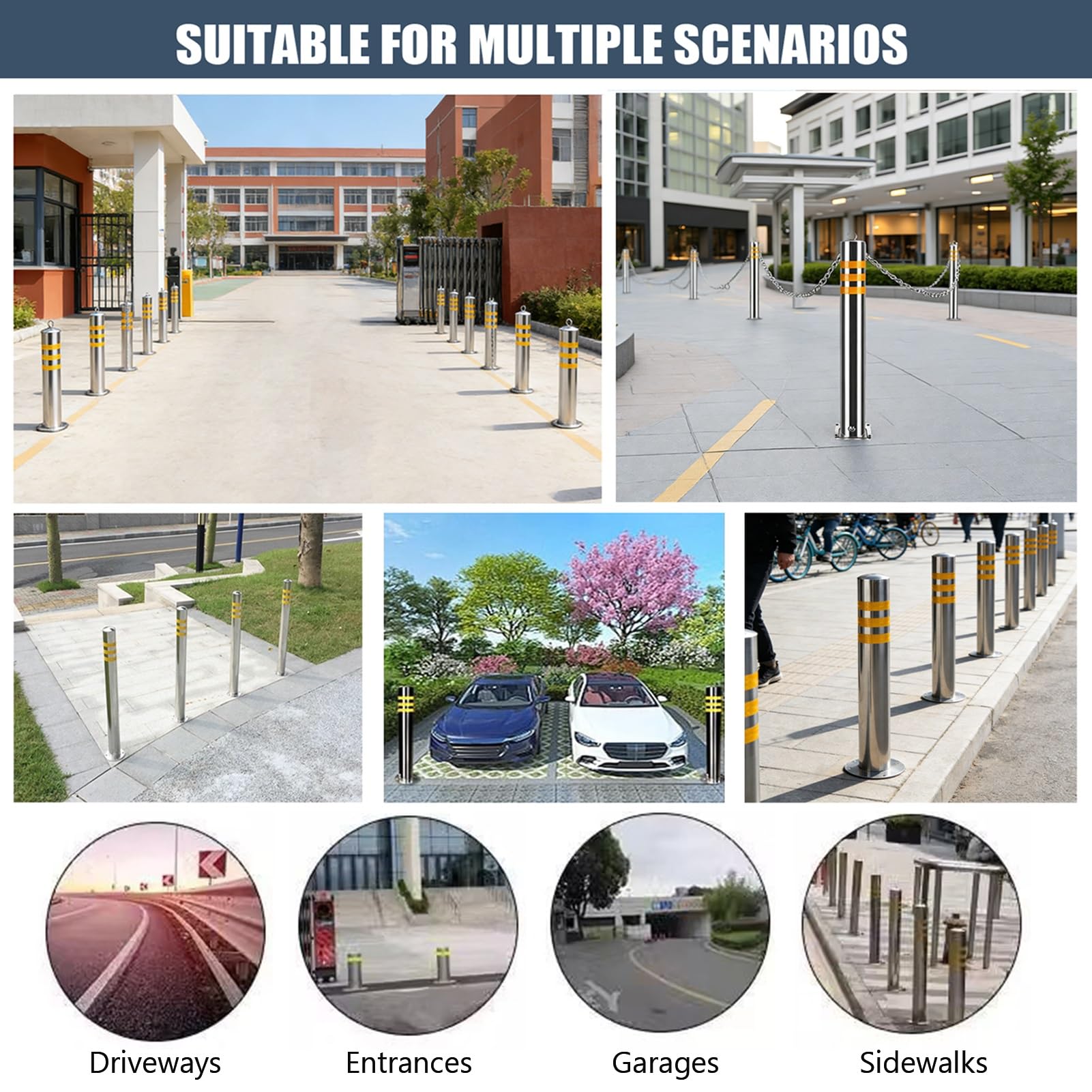 Poste De Bolardo De Seguridad De Control De Tráfico Extraíble Bolardo De Estacionamiento De Acero Inoxidable Bloqueable Con Tiras Reflectantes(60cm/23.7in)