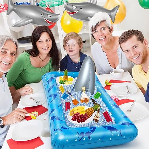 Miniatura 6 de Deekin 3 decoraciones de fiesta de tiburones incluyen 1 enfriador inflable de fiesta de tiburón, 2 flotadores inflables de juguete para piscina para