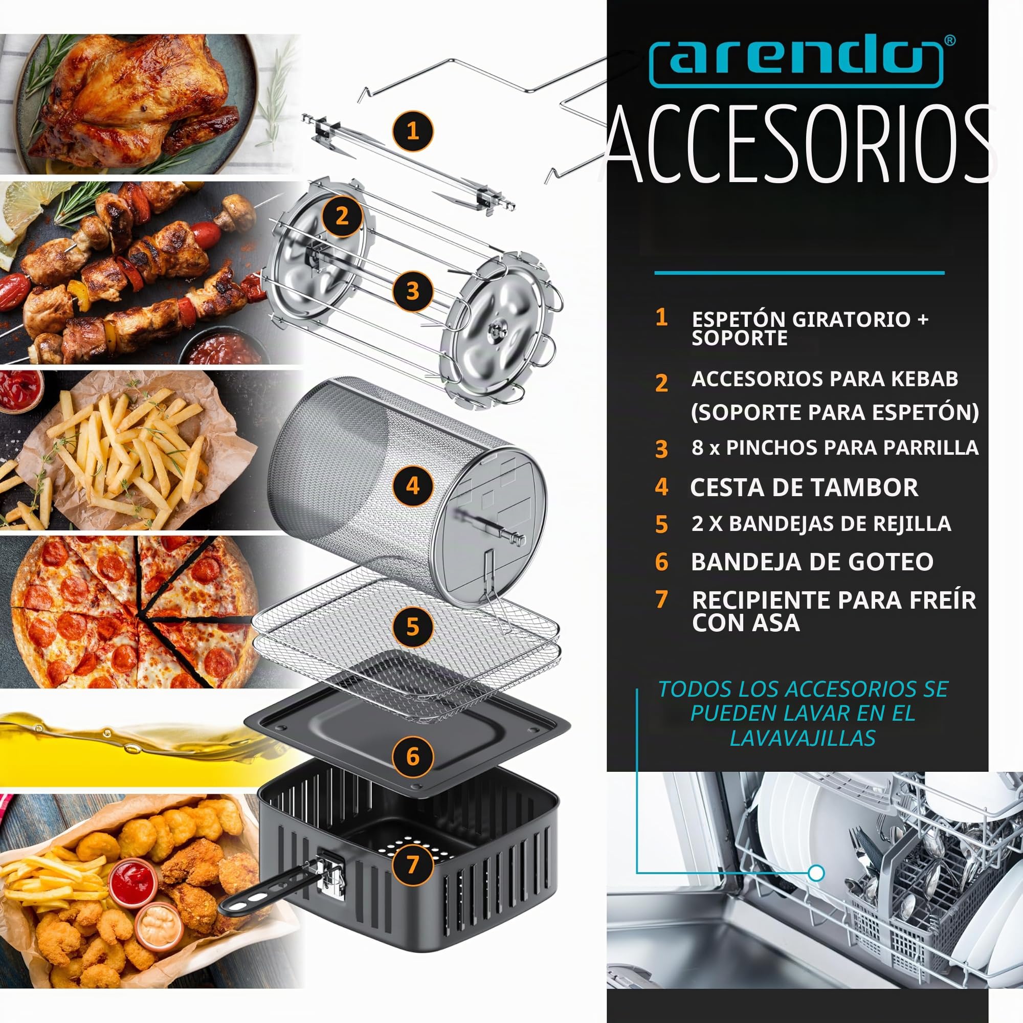 Arendo - Freidora de aire caliente de 12 litros - Mini horno multifunción - Giratoria - Deshidratador - Recirculación - Pollo, patatas fritas de pizza - Aplicaciones de acero inoxidable - Sin BPA