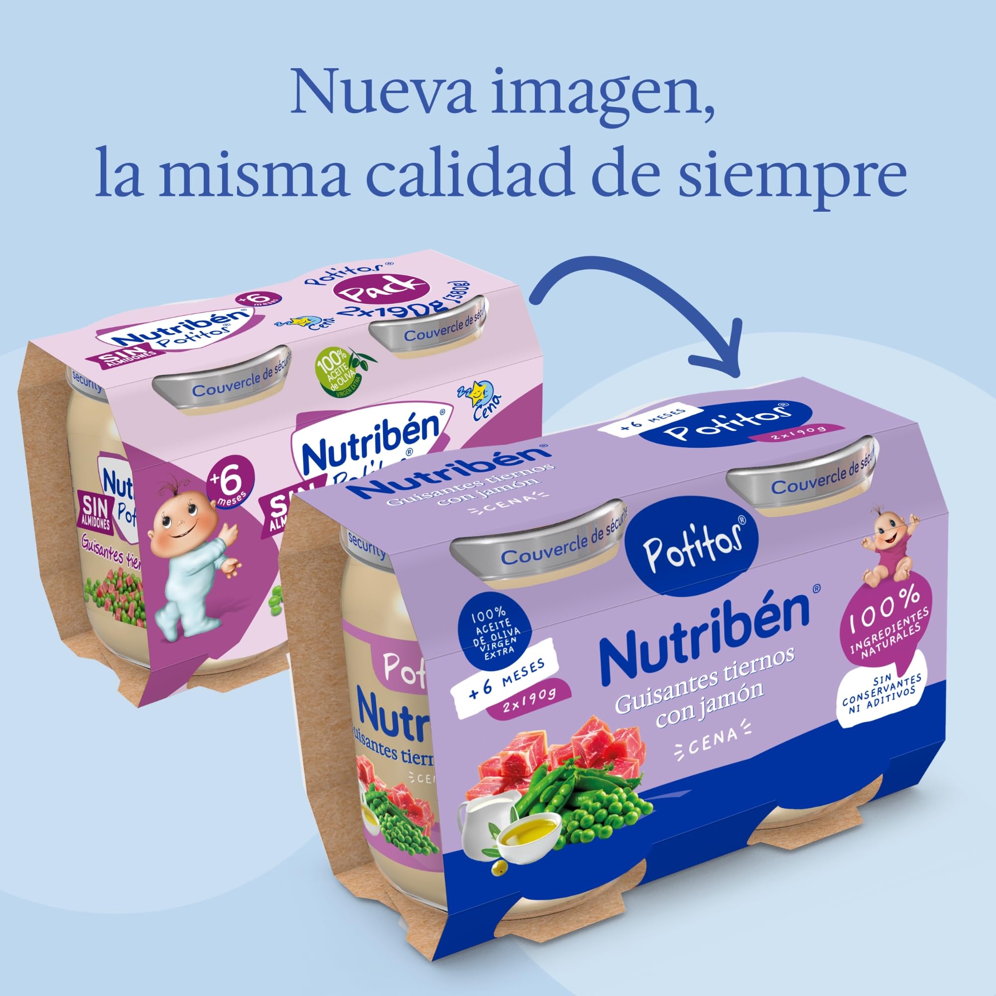 Nutribén Potitos Tarrito Cena Guisantes Tiernos Jamón Bebé 6 Meses Sin Azúcares Añadidos Pack 2x190g