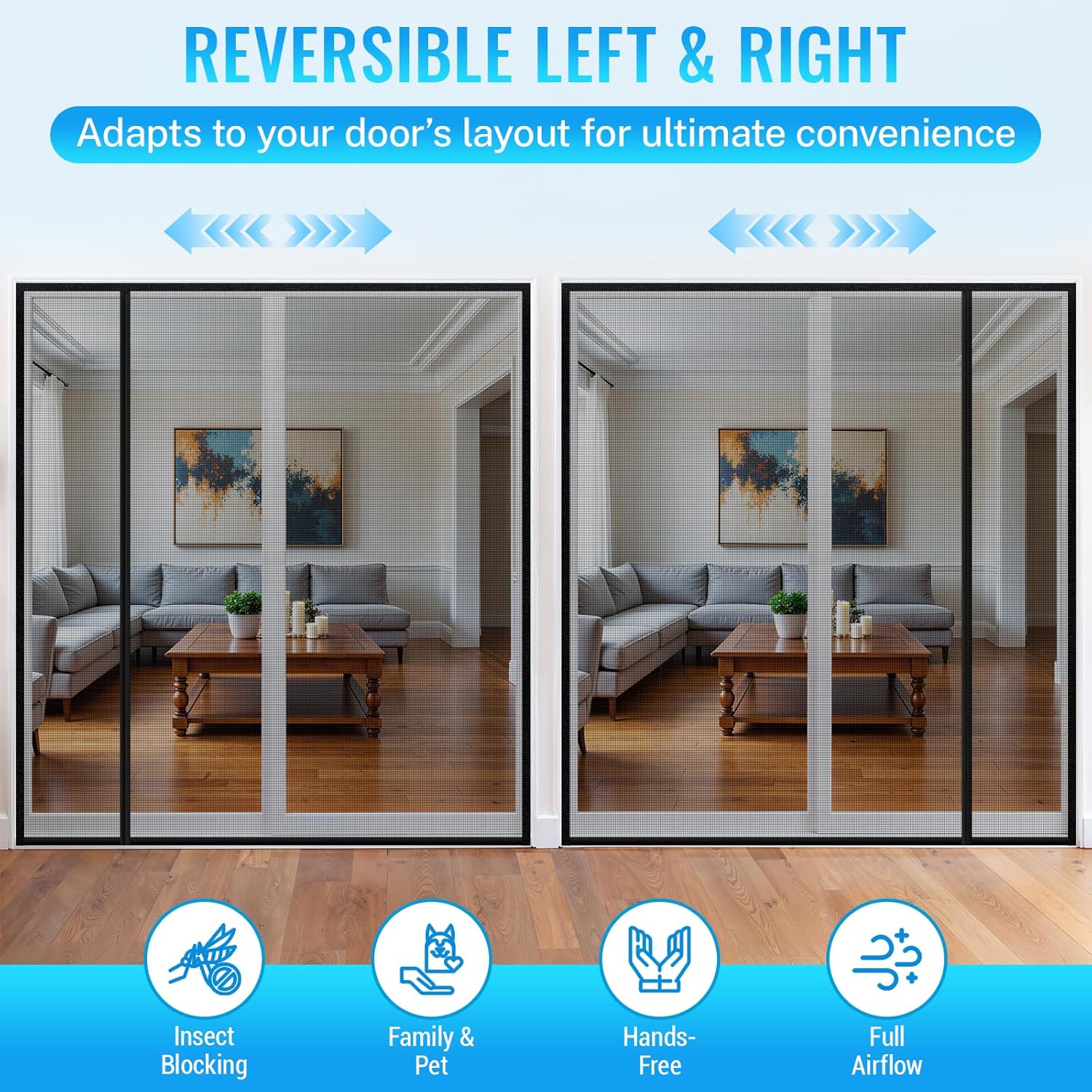 Magnetic Closure Screen Door, Reversible Mesh Door Screen Fits 72" x 80" Door, Heavy-Duty Magnetic Mesh Curtain for Sliding Door and French Door, Self-Sealing, Portable Patio Screen (74" x 81")