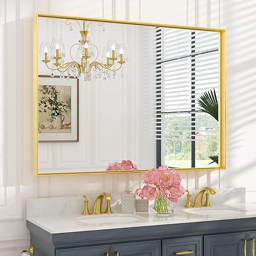 Keonjinn Espejo de baño dorado de 48 x 36 pulgadas, espejo rectangular con marco de metal dorado cepillado, espejo de pared grande rectangular de